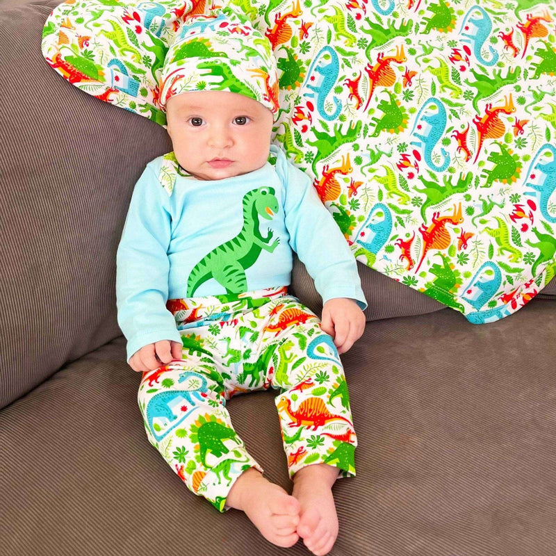 Boys dinosaur long sleeve onesie set with cap and pants, featuring green dinosaur design.