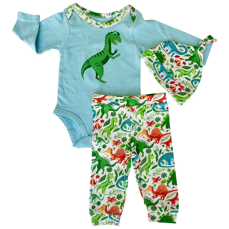 Boys Dinosaur Onesie 3-piece set with long sleeve, pants, and cap.