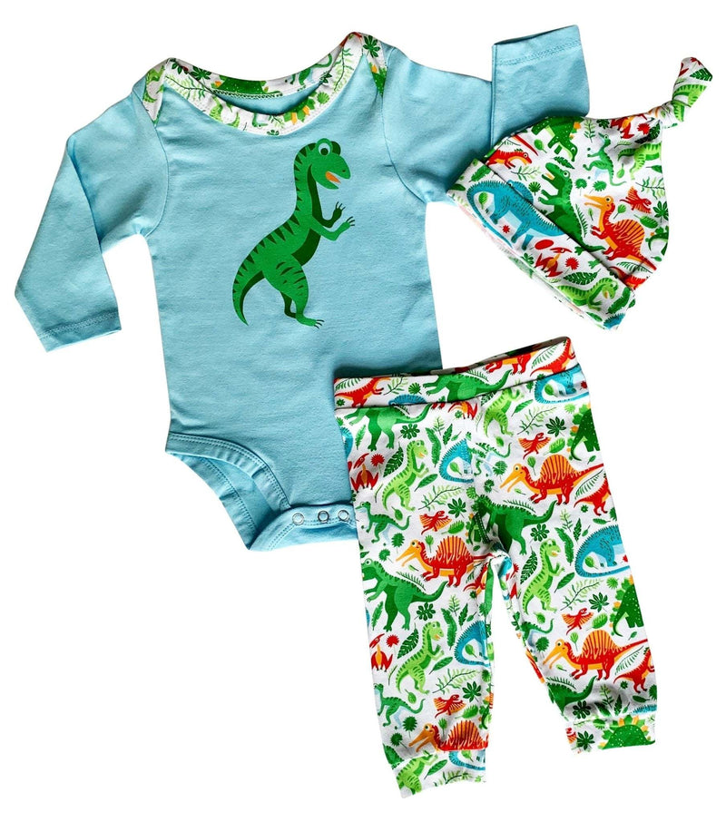 Boys dinosaur onesie set with long sleeves, pants, and cap.