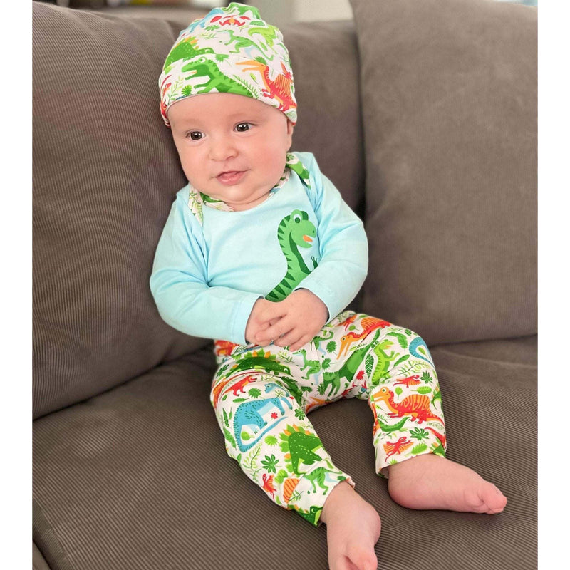 Boys dinosaur long sleeve onesie with joggers and cap, featuring dinosaur print and appliqué.