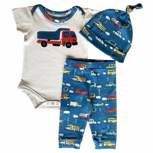 Boys Layette Cars Trucks Onesie Pants Cap 3pc Gift Set - Everetts Place: Online Boutique - Clothing