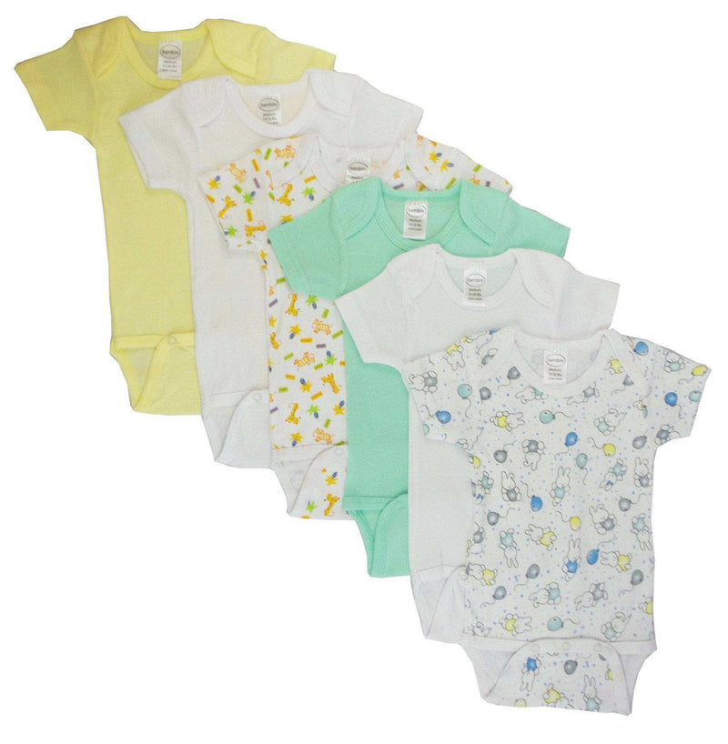 Boys printed short sleeve onesies six-pack with fun designs and ribbed leg openings.