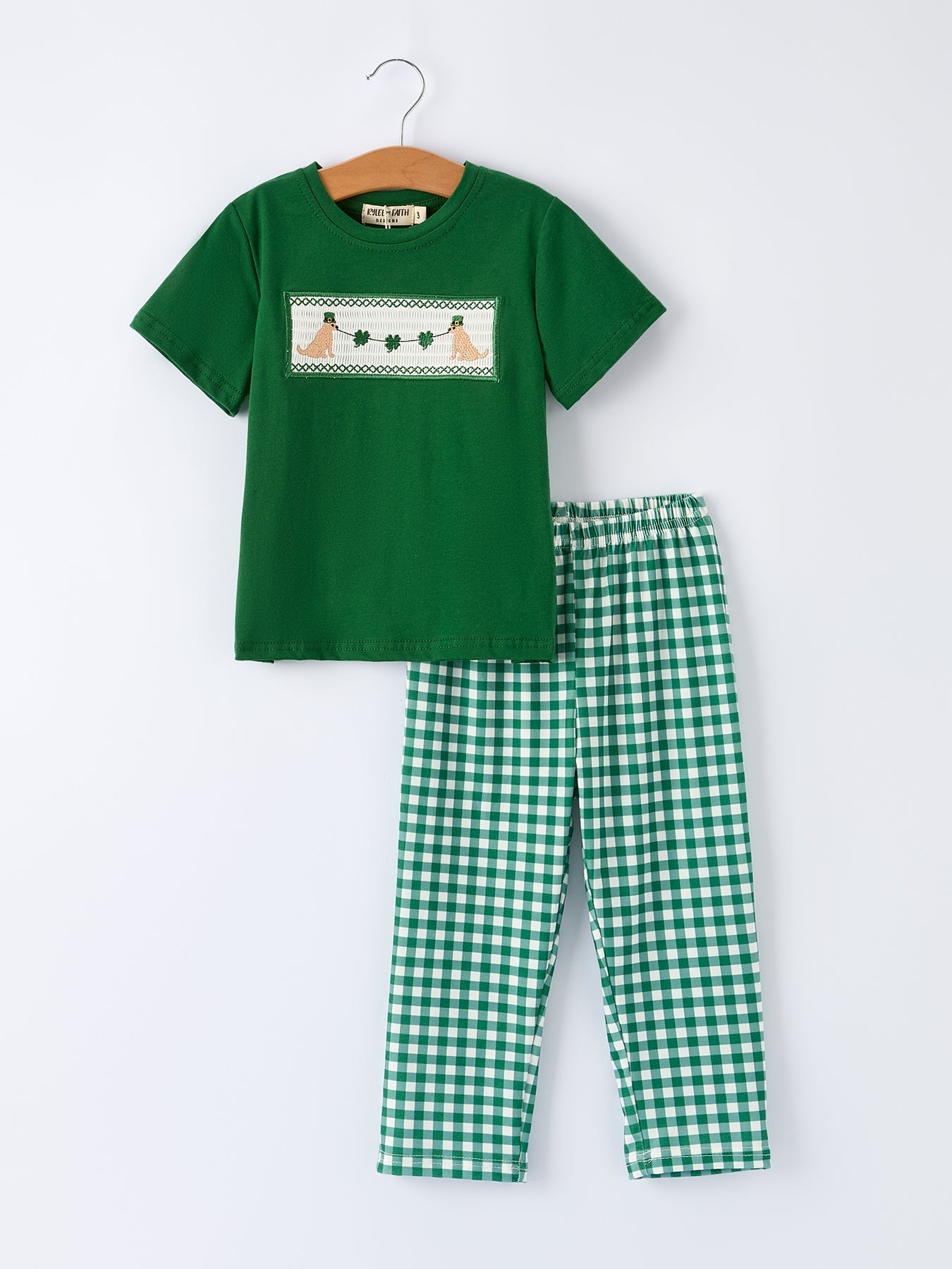 Rylee Faith Designs Boys St. Patrick’s Day Shamrock Puppy Smocked Plaid Set - 