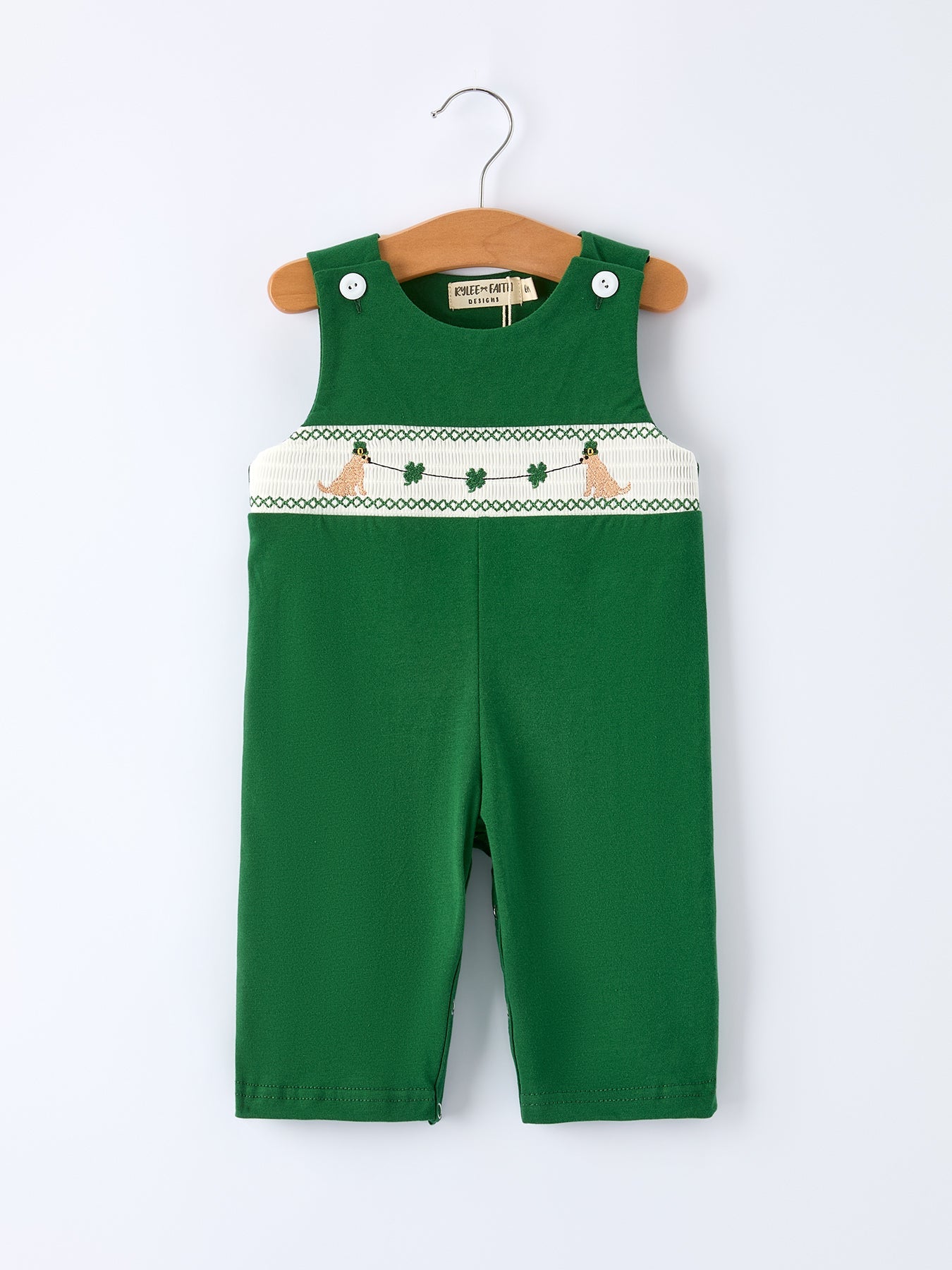 Rylee Faith Designs Boys St. Patrick’s Day Shamrock Puppy Smocked Romper - 