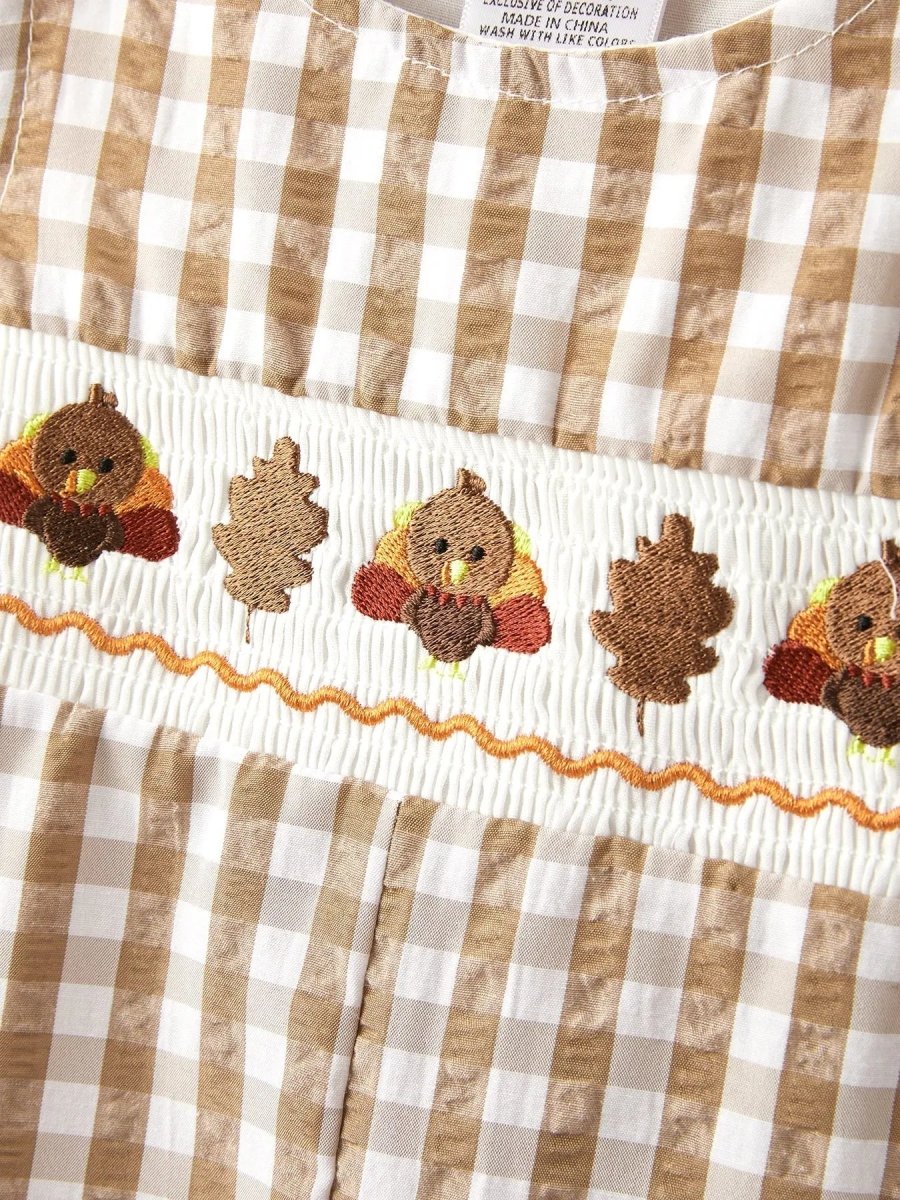 Rylee Faith Designs Boys Thanksgiving Smocking Embroidered Brown Plaid Romper - Everetts Place Boutique - 