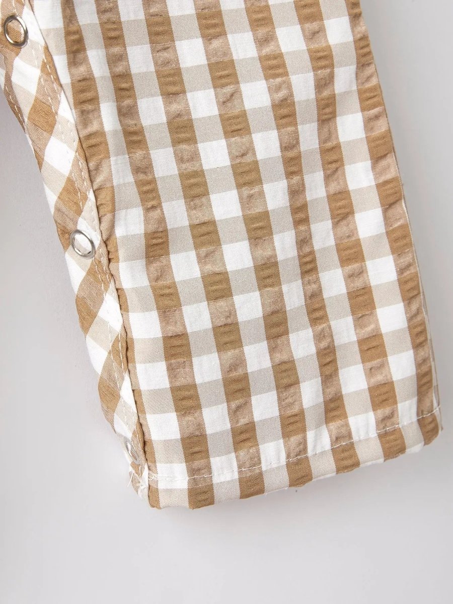 Rylee Faith Designs Boys Thanksgiving Smocking Embroidered Brown Plaid Romper - Everetts Place Boutique - 