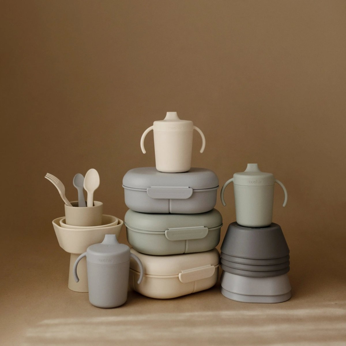 Mushie BPA Free Plastic Lunchbox with Built In Compartments and Locking Utensils - 