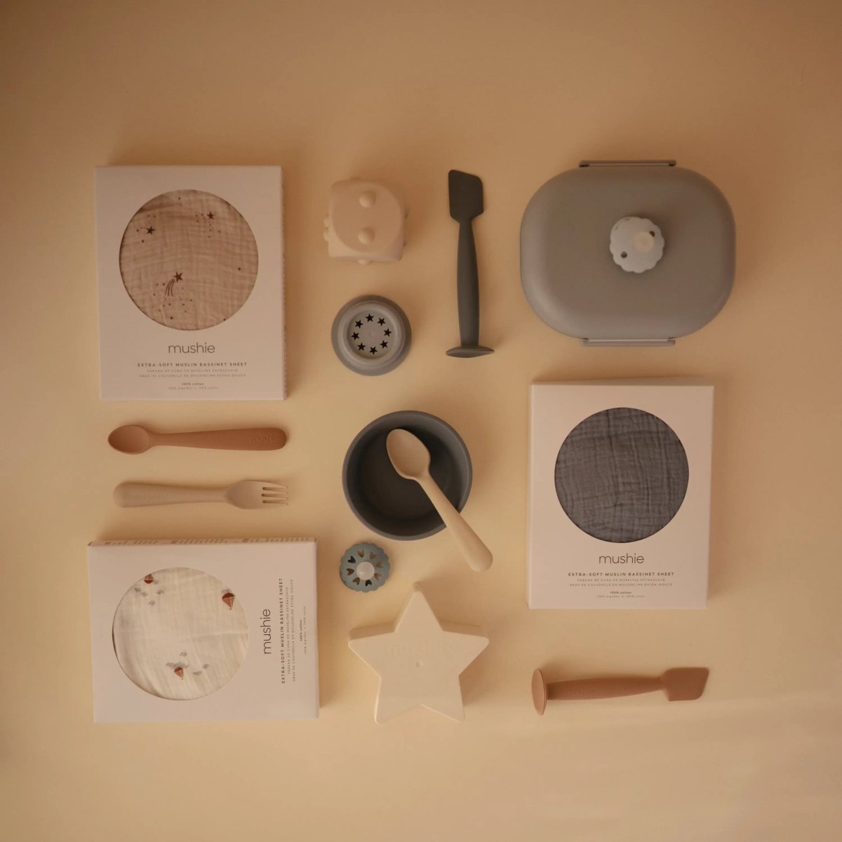 Mushie BPA Free Plastic Lunchbox with Built In Compartments and Locking Utensils - 