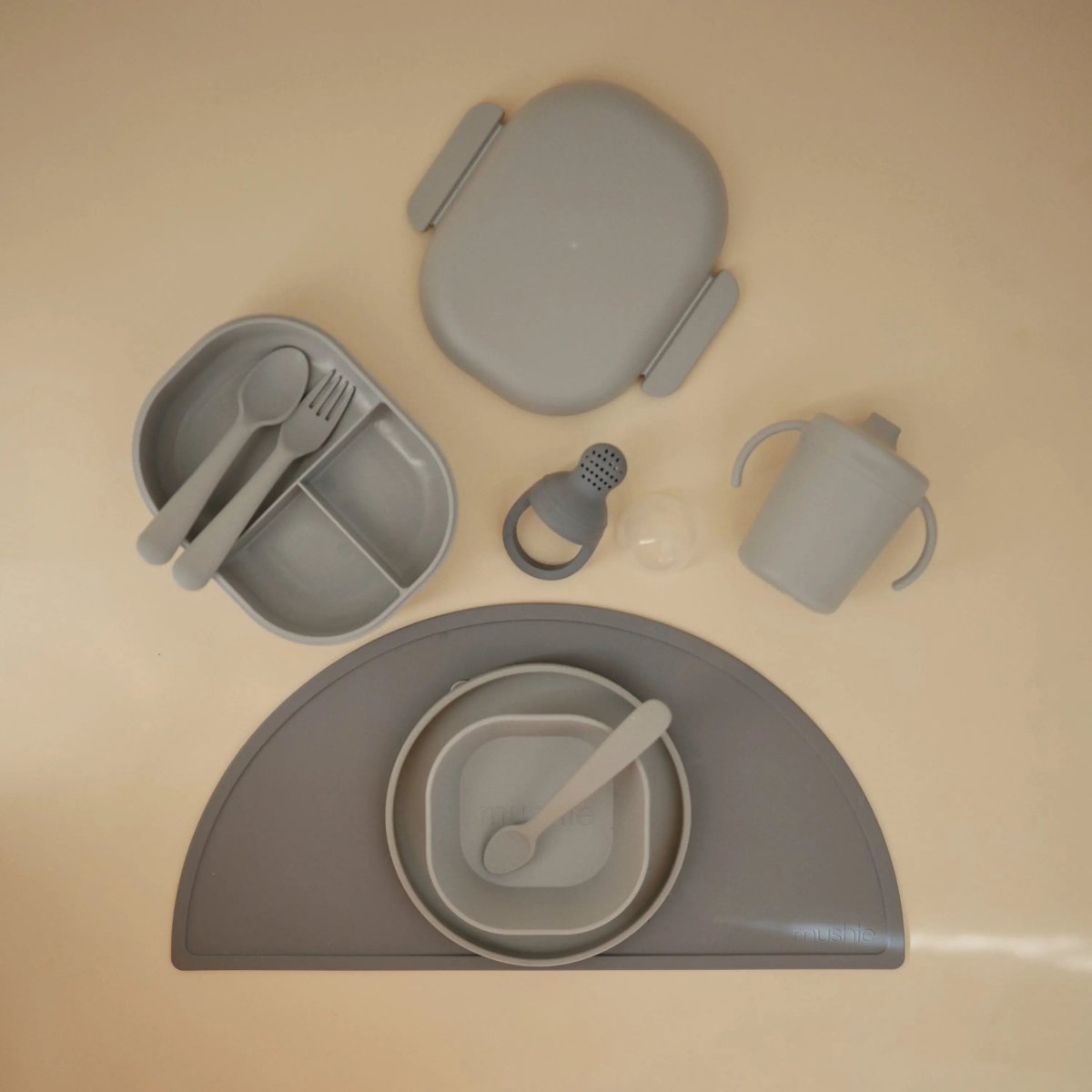 Mushie BPA Free Plastic Lunchbox with Built In Compartments and Locking Utensils - 