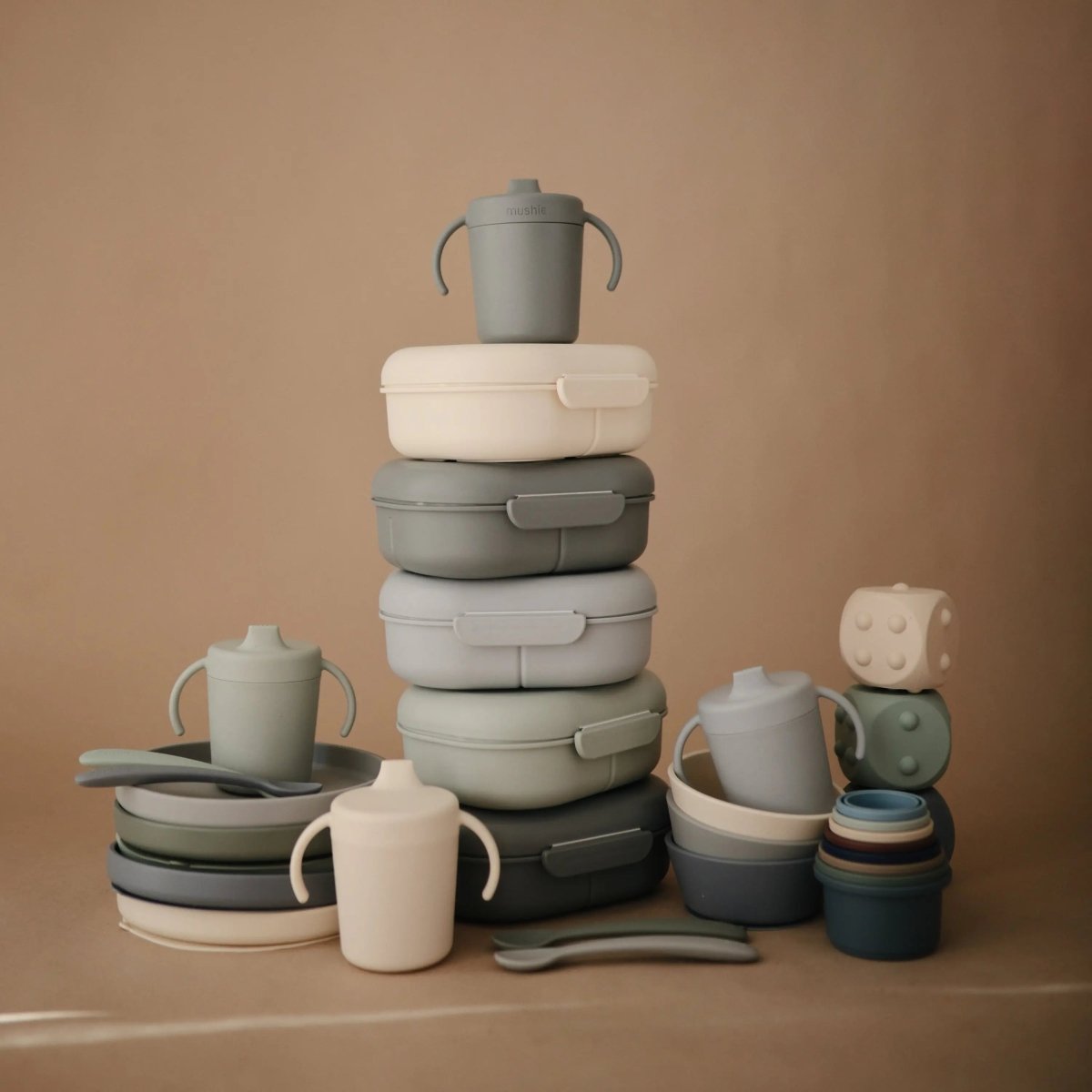 Mushie BPA Free Plastic Lunchbox with Built In Compartments and Locking Utensils - 