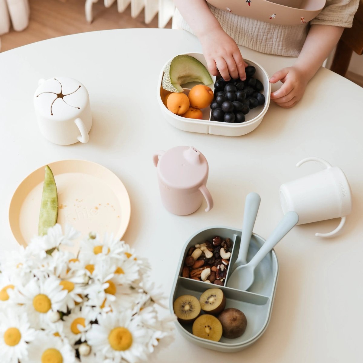 Mushie BPA Free Plastic Lunchbox with Built In Compartments and Locking Utensils - 