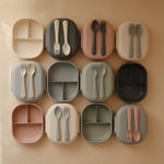 Mushie BPA Free Plastic Lunchbox with Built In Compartments and Locking Utensils - 