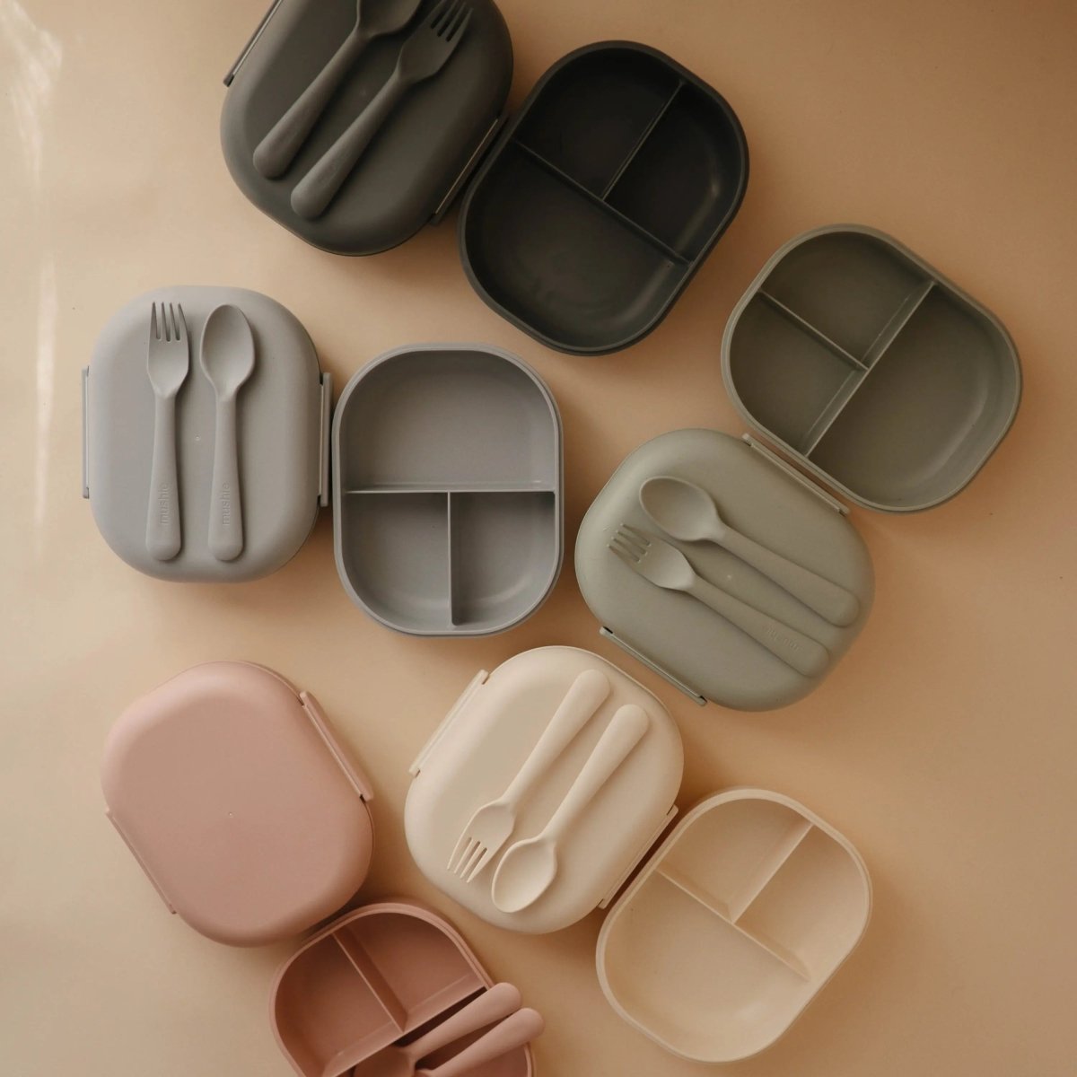 Mushie BPA Free Plastic Lunchbox with Built In Compartments and Locking Utensils - 