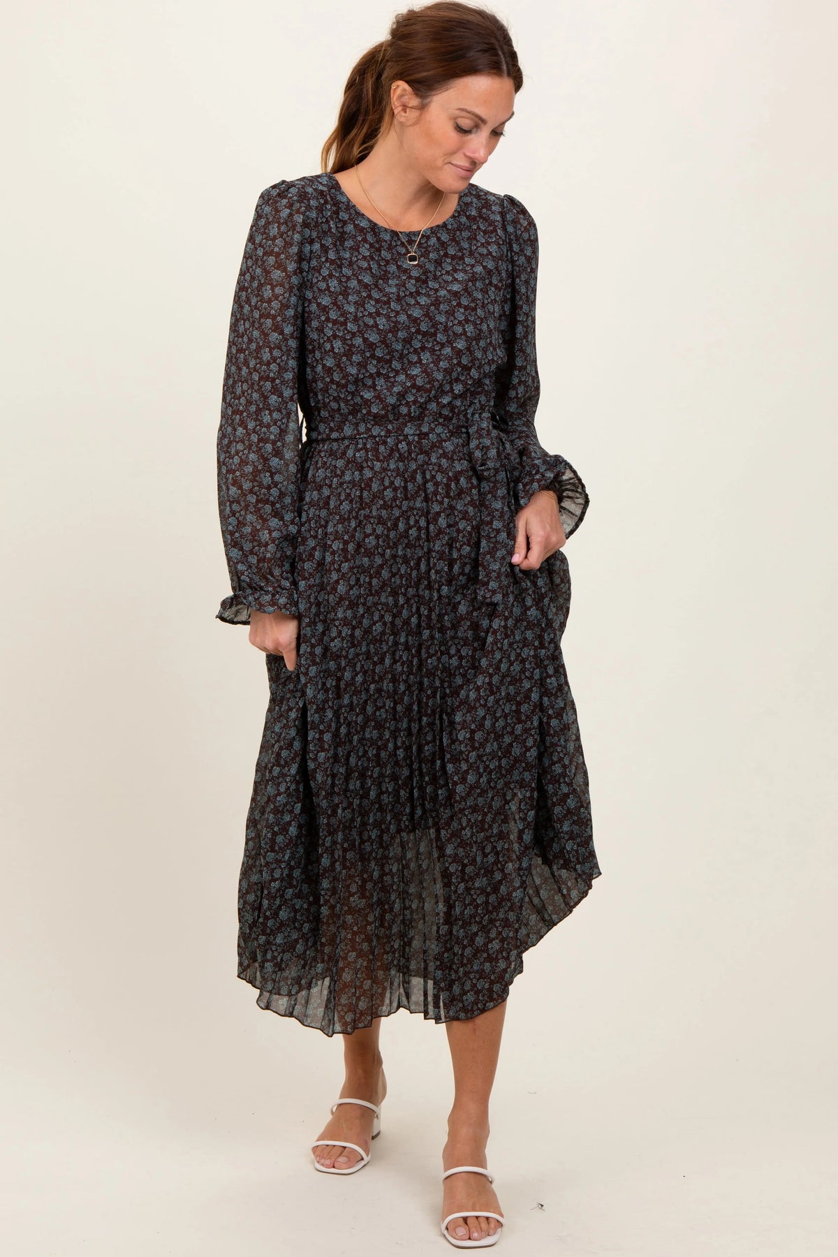 PinkBlush Brown Floral Front Tie Pleated Maternity Midi Dress - 