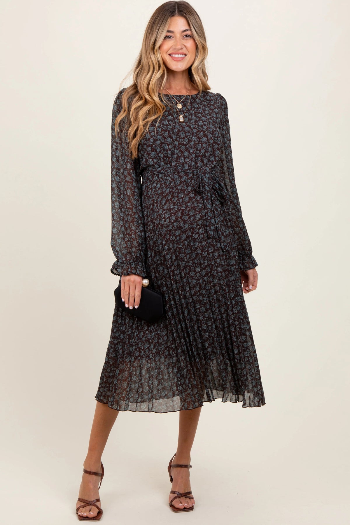 PinkBlush Brown Floral Front Tie Pleated Maternity Midi Dress - 