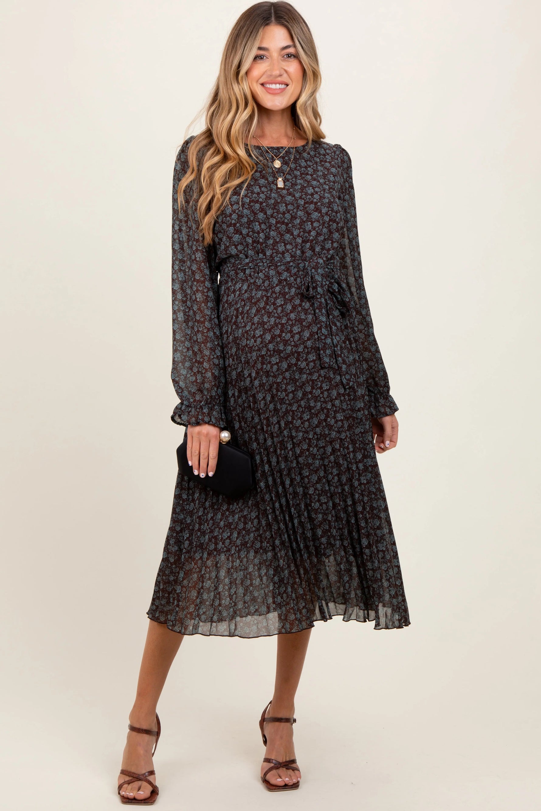 PinkBlush Brown Floral Front Tie Pleated Maternity Midi Dress - 