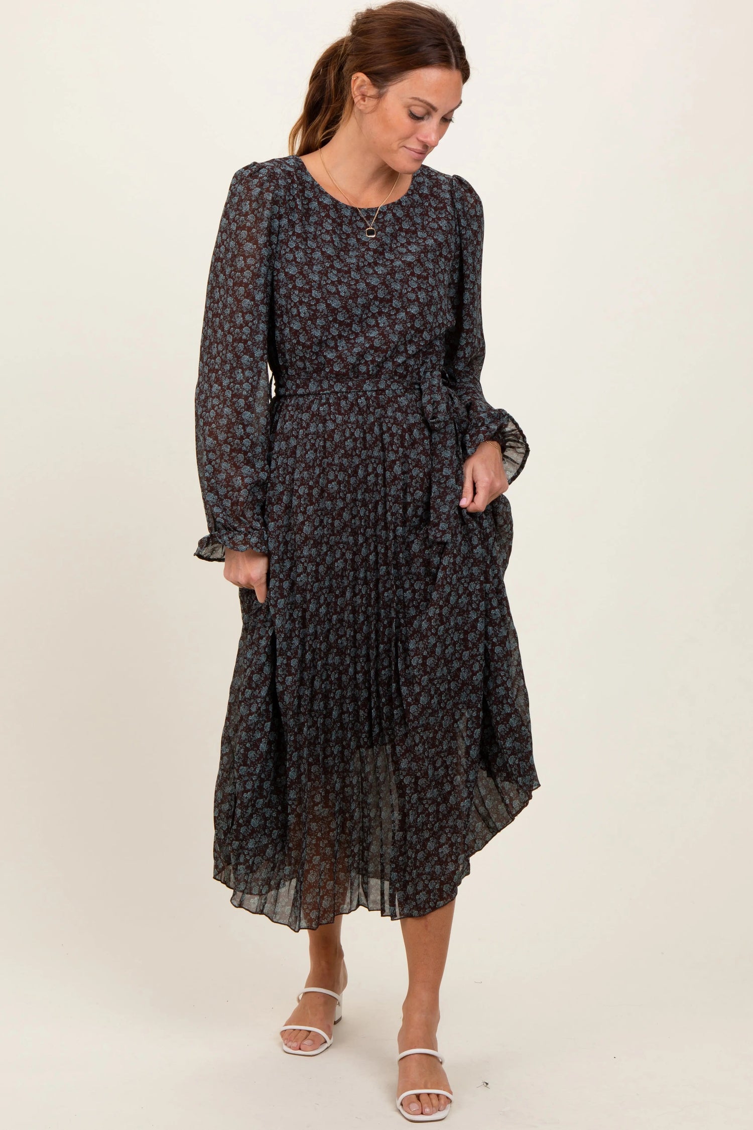 PinkBlush Brown Floral Front Tie Pleated Midi Dress - 