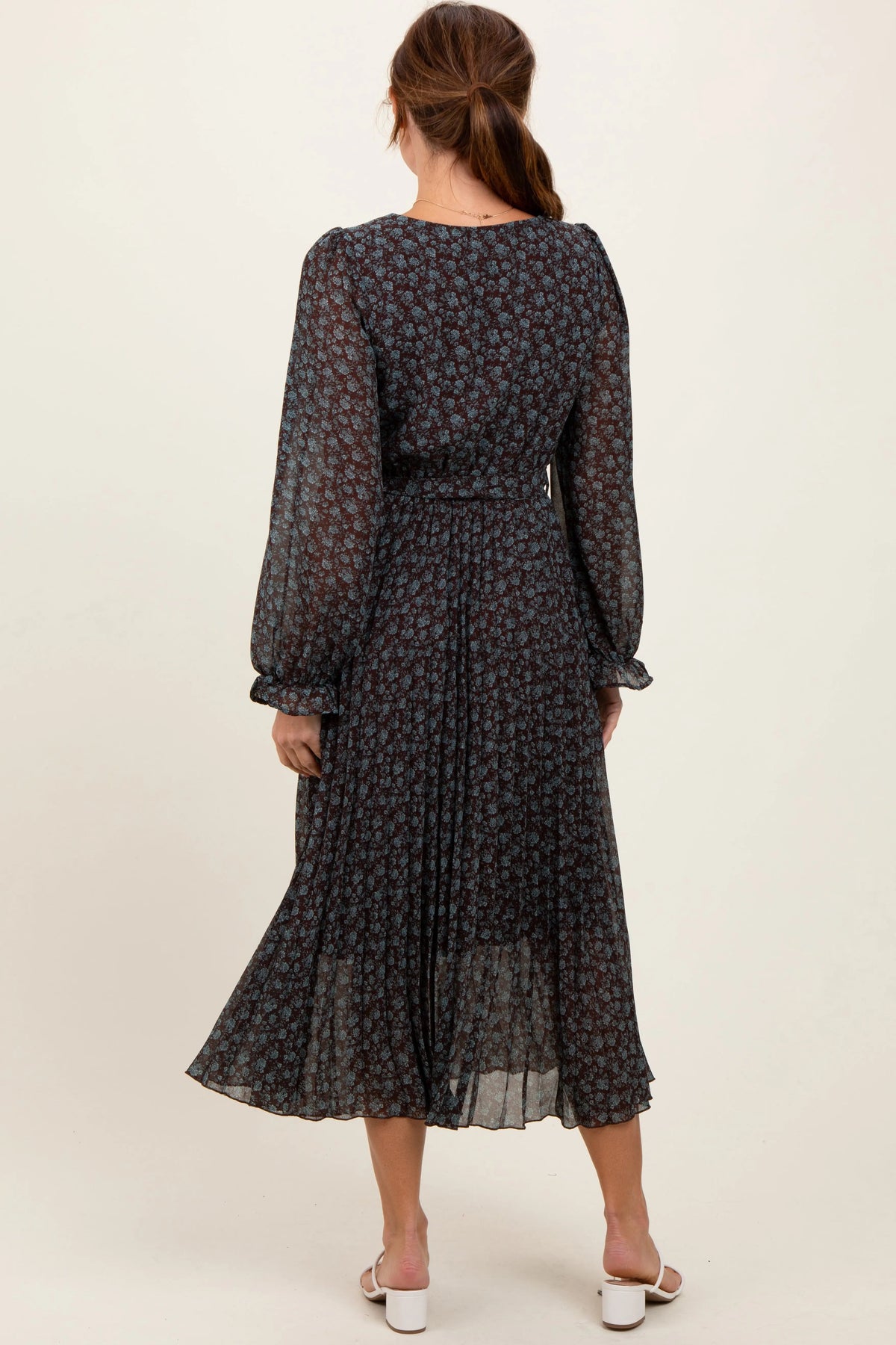 PinkBlush Brown Floral Front Tie Pleated Midi Dress - 