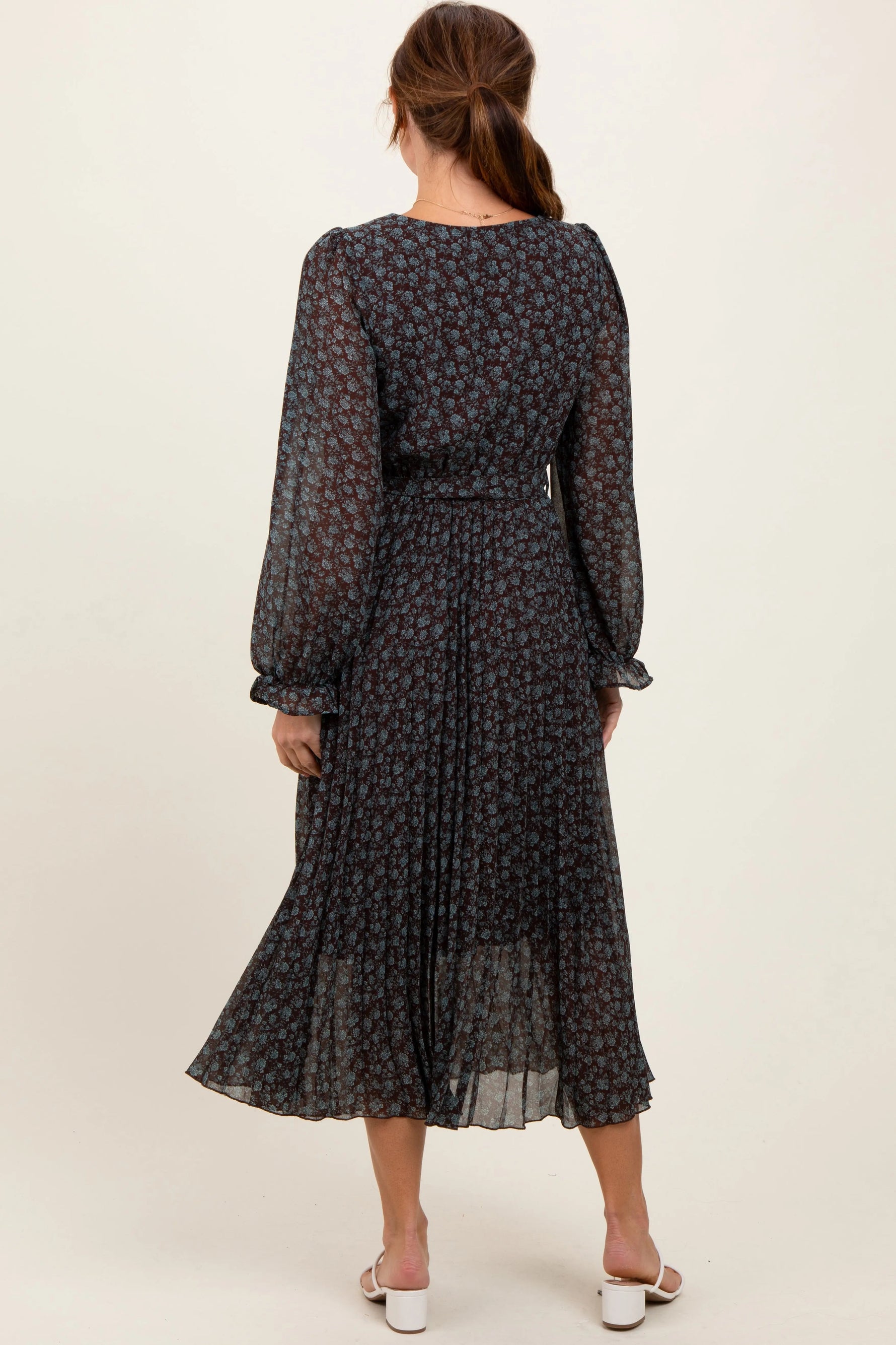 PinkBlush Brown Floral Front Tie Pleated Midi Dress - 