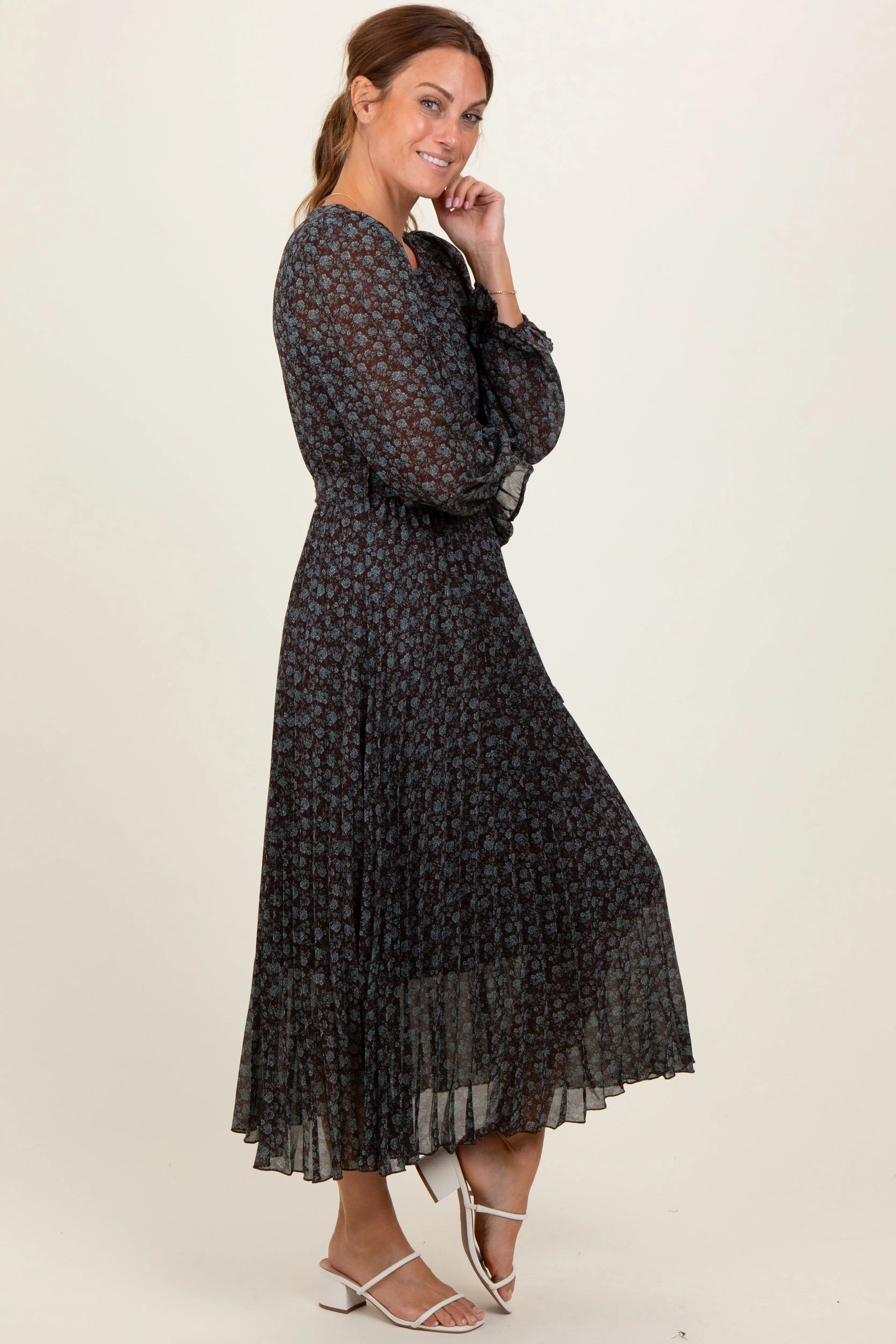 PinkBlush Brown Floral Front Tie Pleated Midi Dress - 