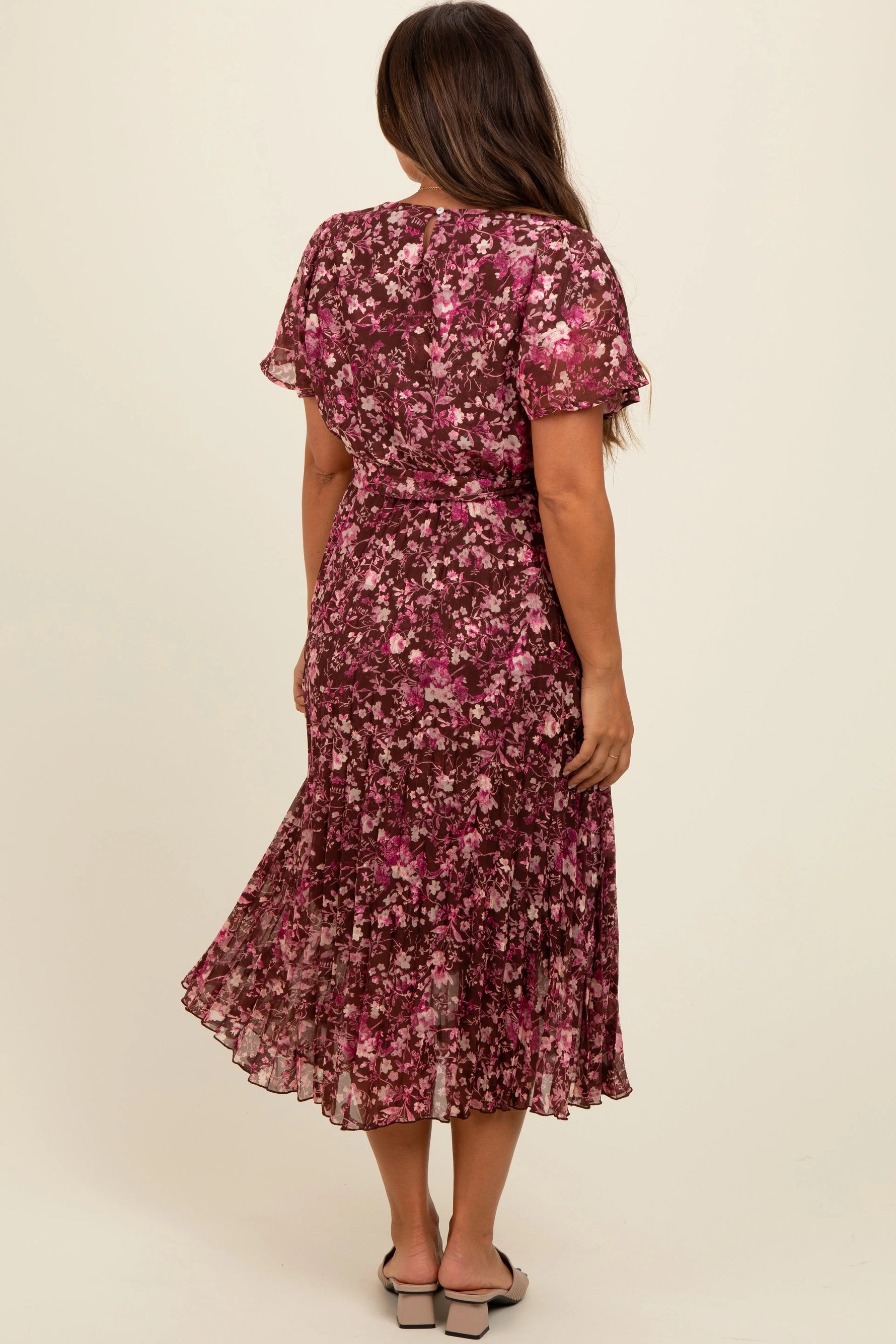 PinkBlush Brown Floral Pleated Maternity Midi Dress - 