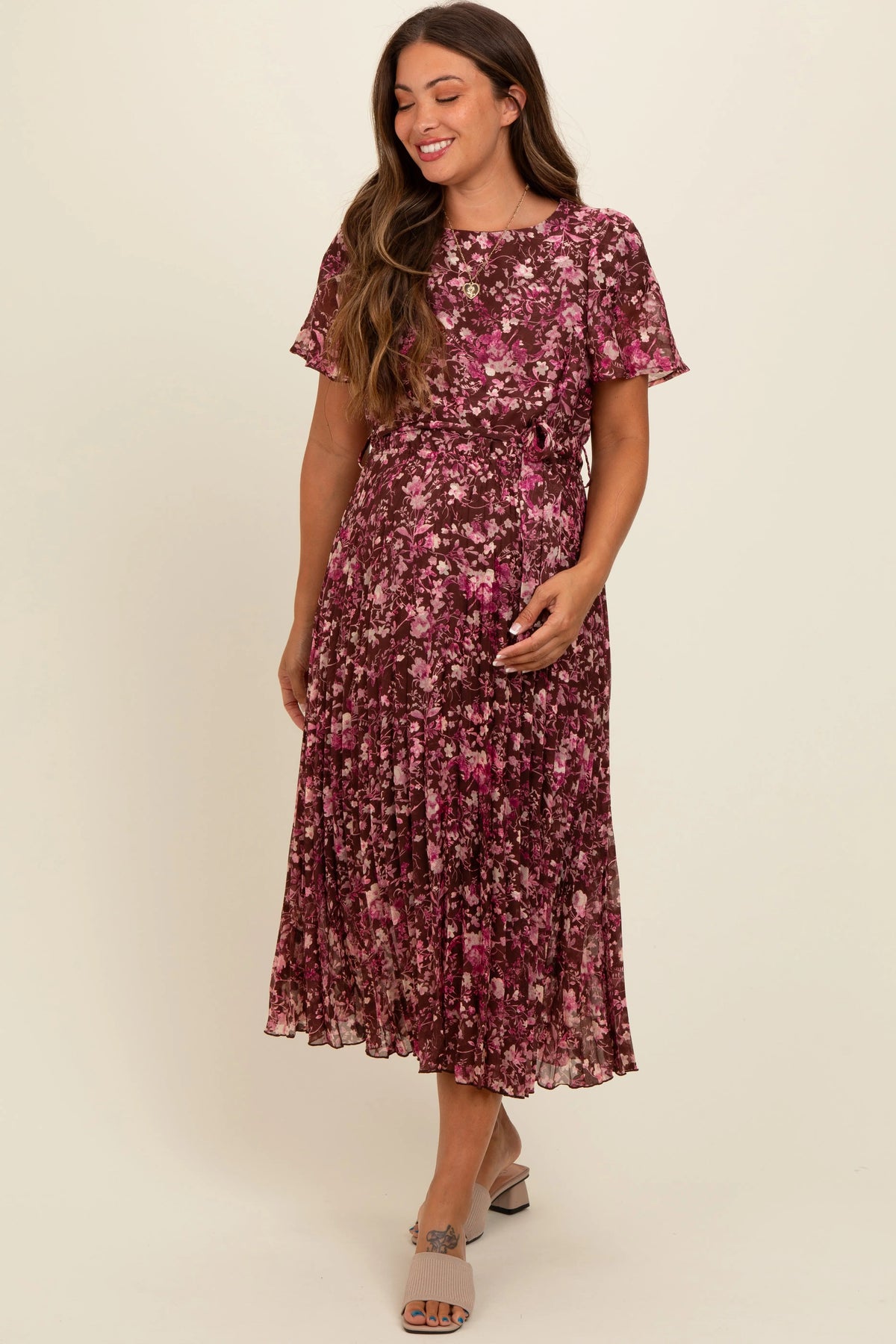 PinkBlush Brown Floral Pleated Maternity Midi Dress - 