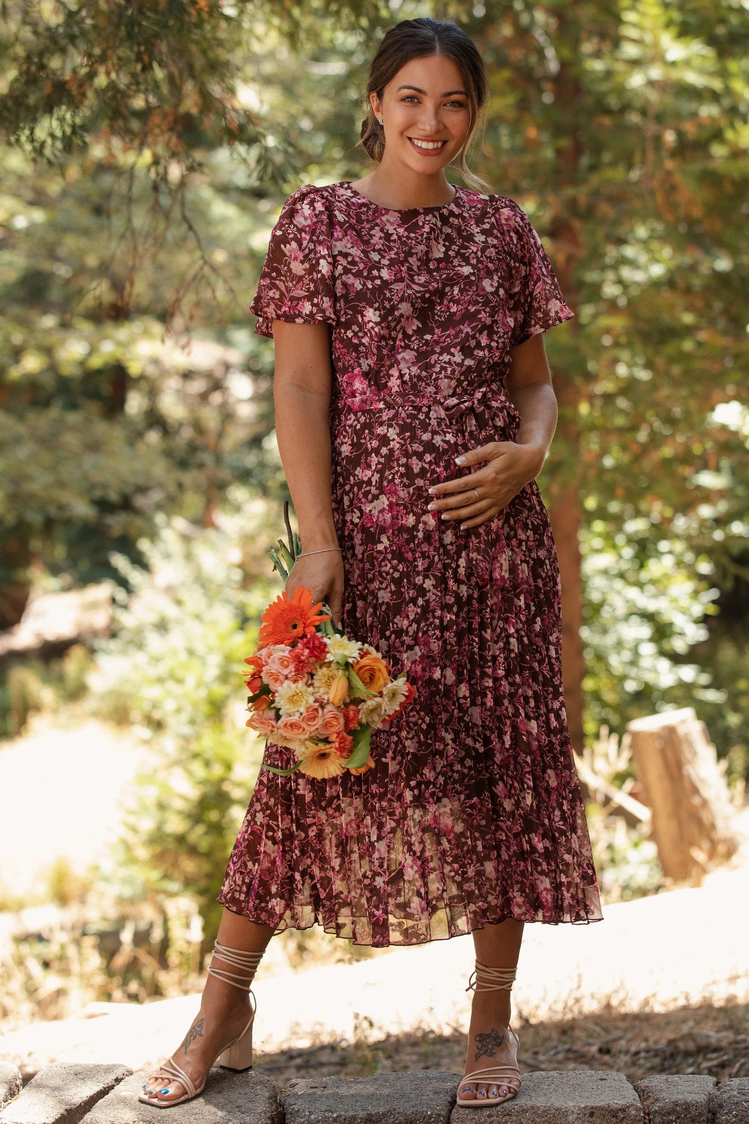 PinkBlush Brown Floral Pleated Maternity Midi Dress - 