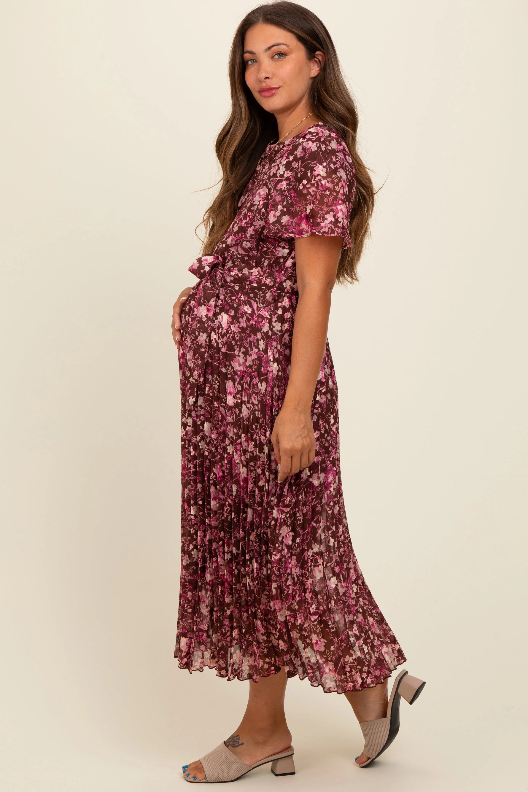 PinkBlush Brown Floral Pleated Maternity Midi Dress - 