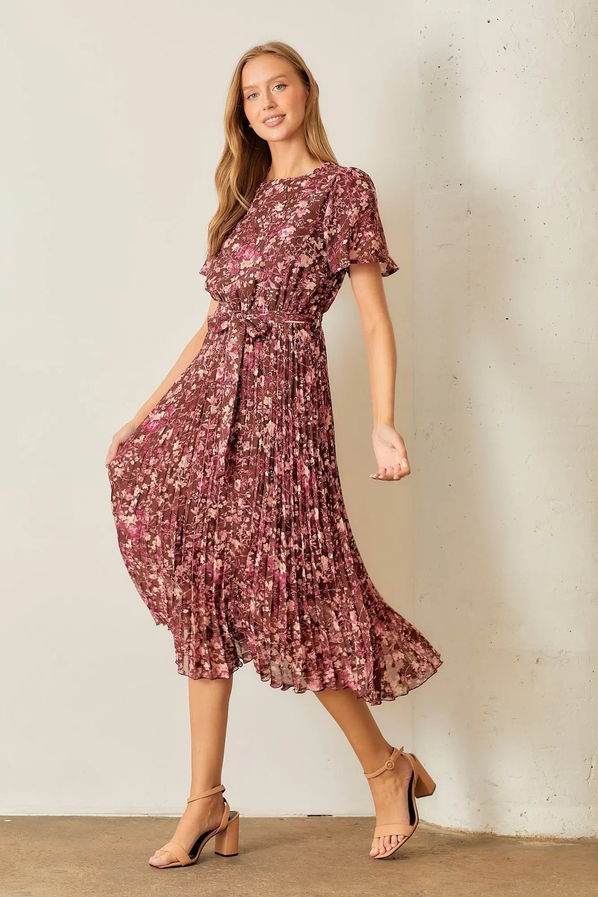 PinkBlush Brown Floral Pleated Midi Dress - 