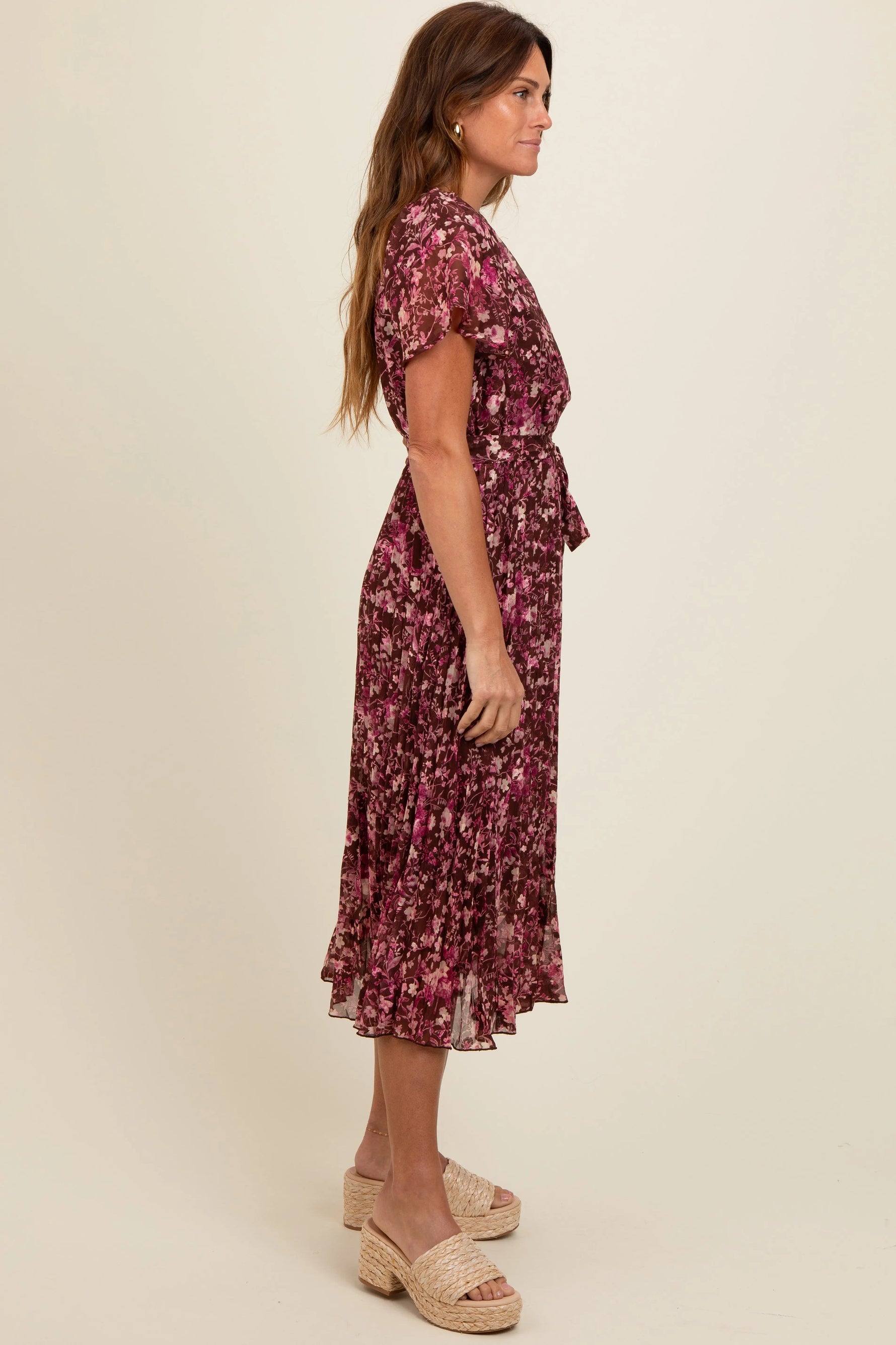 PinkBlush Brown Floral Pleated Midi Dress - 