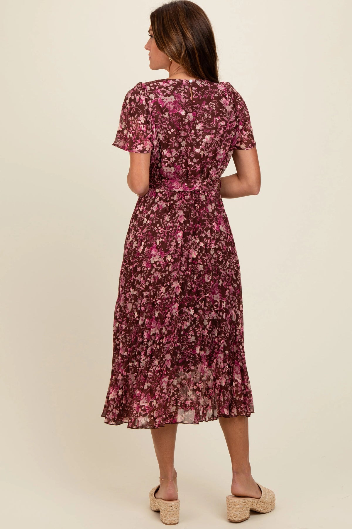 PinkBlush Brown Floral Pleated Midi Dress - 
