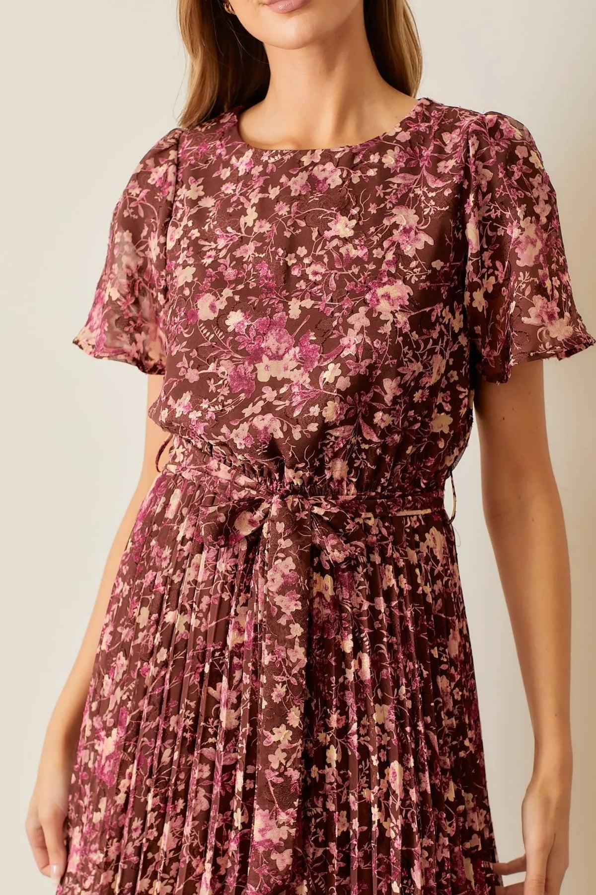 PinkBlush Brown Floral Pleated Midi Dress - 