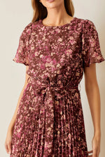 PinkBlush Brown Floral Pleated Midi Dress - 
