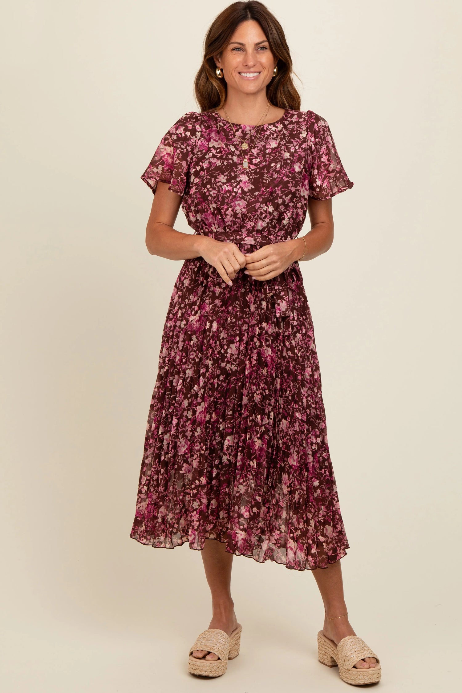 Brown Floral Pleated Midi Dress - Day Dress, One-piece garment, Pink, Person, Shoe | Everetts Place