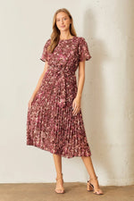 PinkBlush Brown Floral Pleated Midi Dress - 
