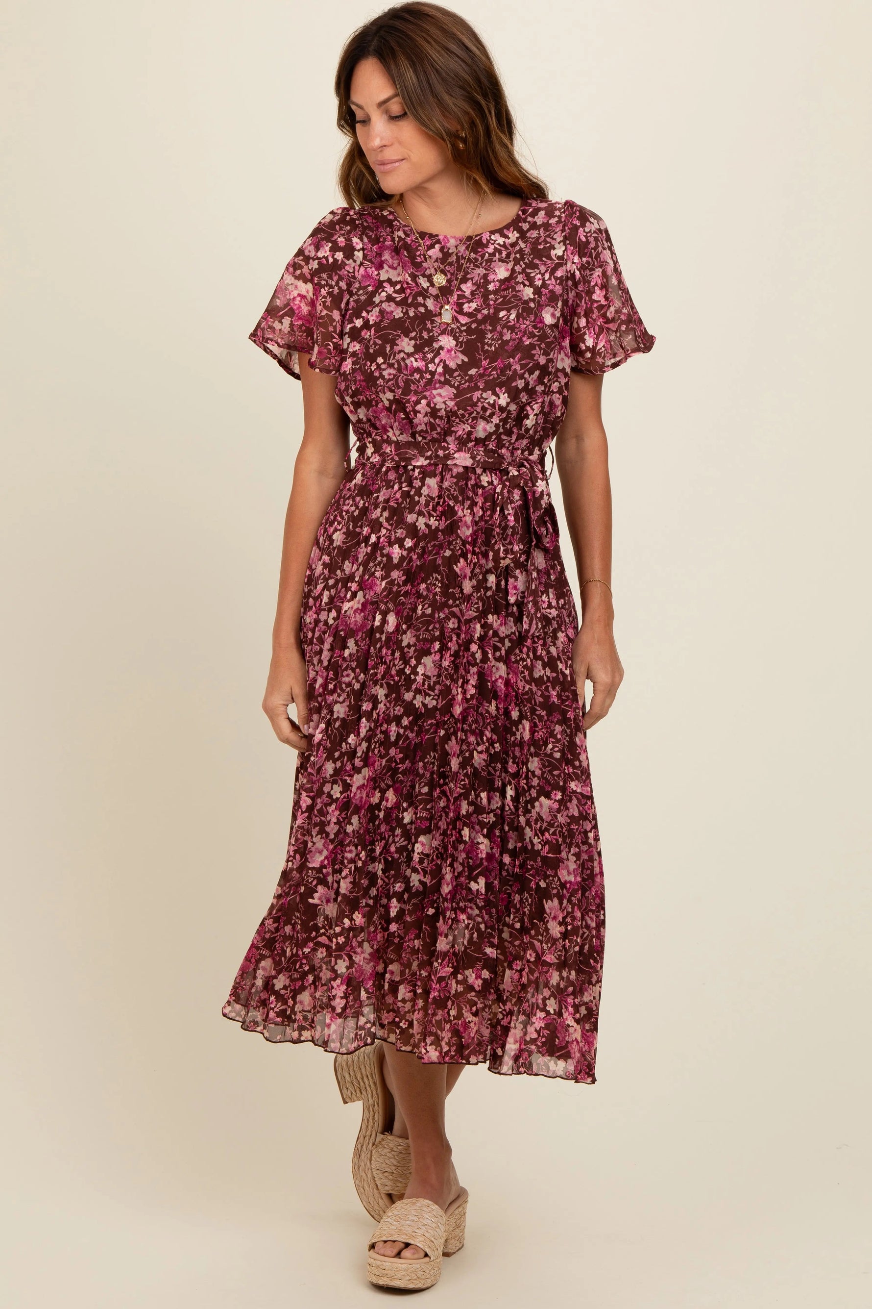PinkBlush Brown Floral Pleated Midi Dress - 