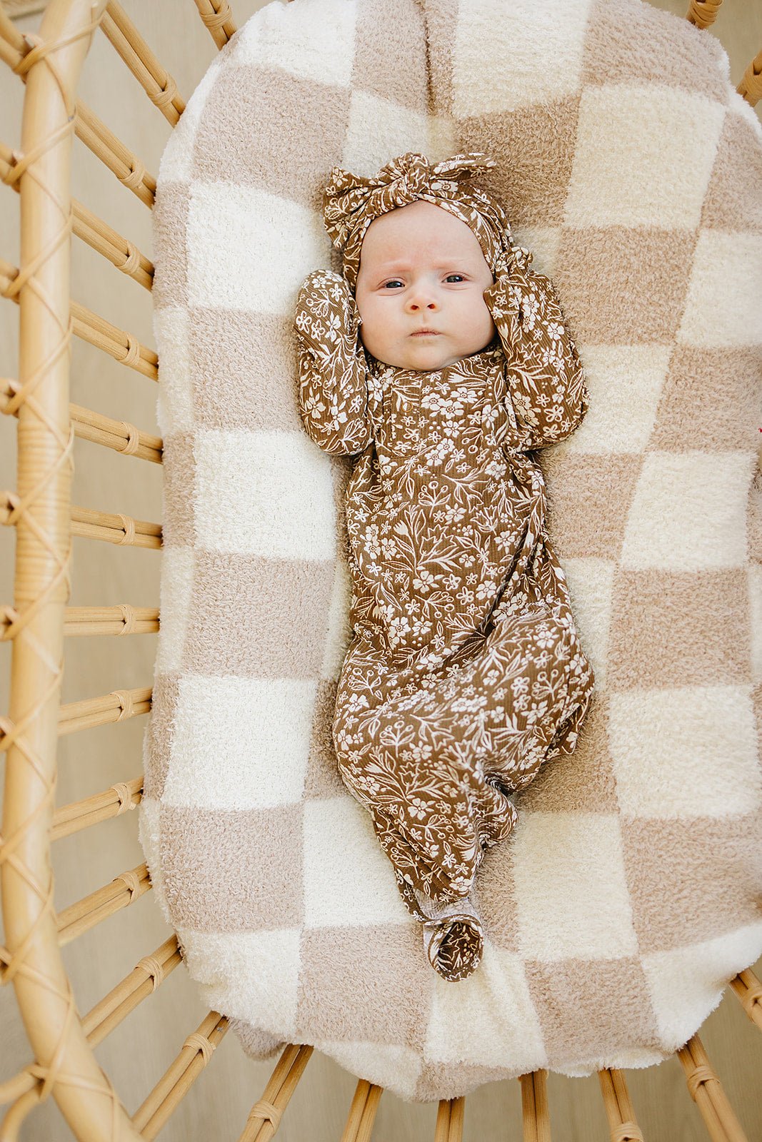 Mebie Baby Brown Floral Ribbed Bamboo Knot Gown - 