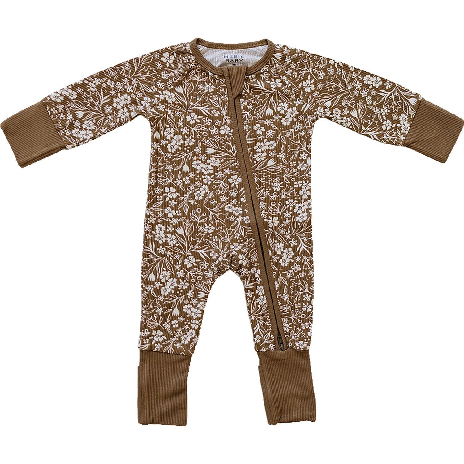 Mebie Baby Brown Floral Ribbed Bamboo Zipper Pajamas Unisex Baby Sleepwear - 