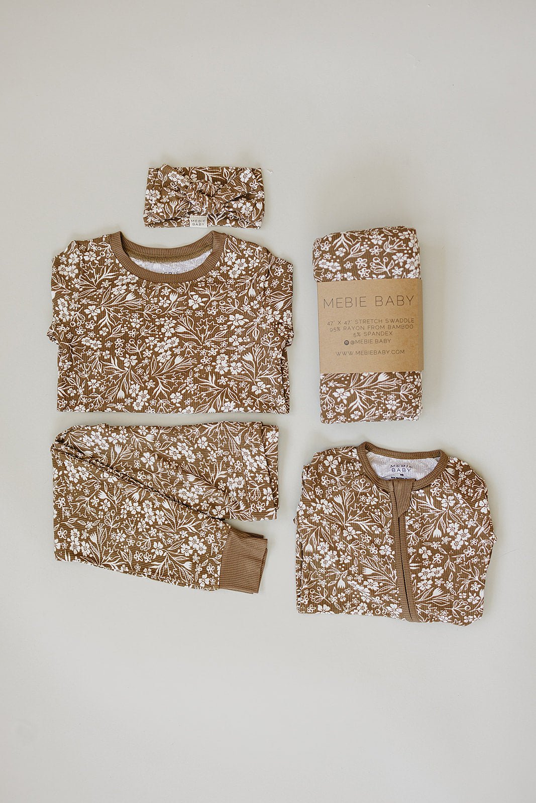Mebie Baby Brown Floral Ribbed Bamboo Zipper Pajamas Unisex Baby Sleepwear - 