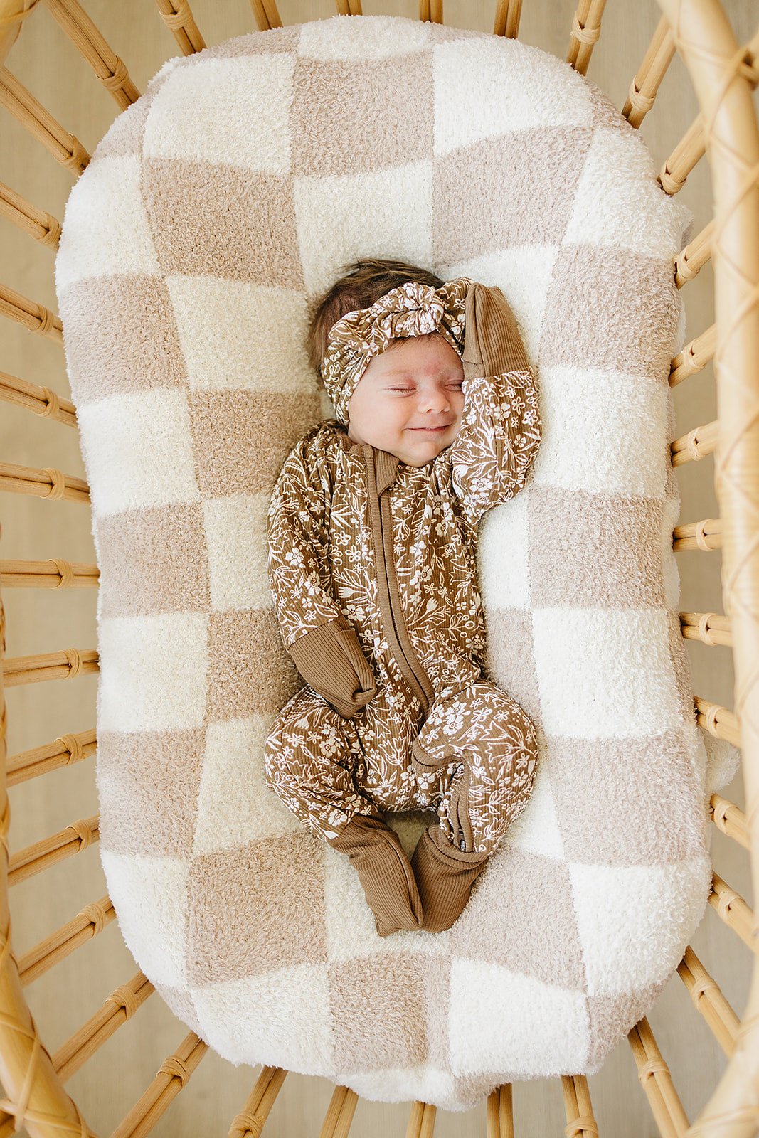 Mebie Baby Brown Floral Ribbed Bamboo Zipper Pajamas Unisex Baby Sleepwear - 