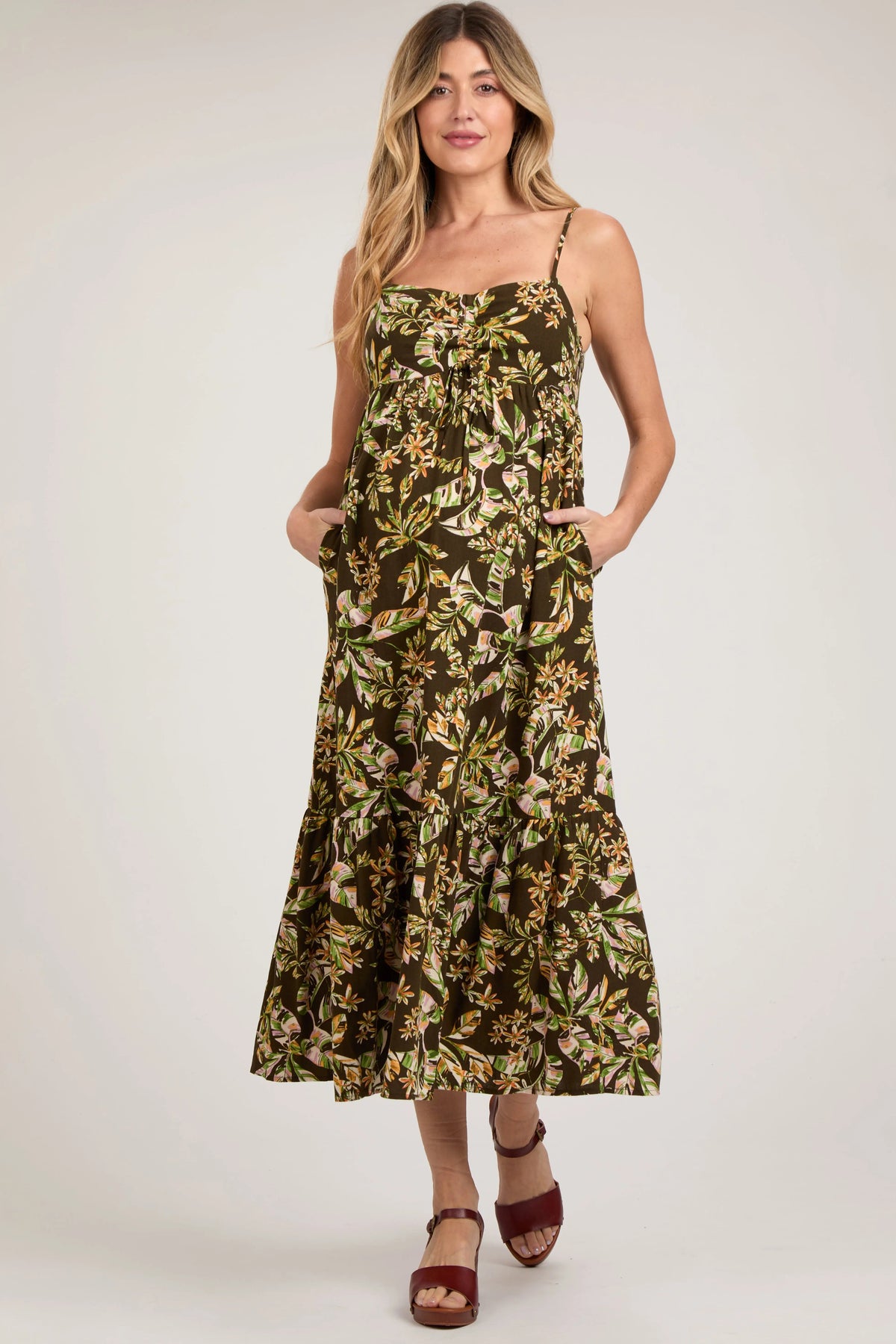 PinkBlush Brown Floral Sleeveless Front Cinched Maternity Midi Dress - 