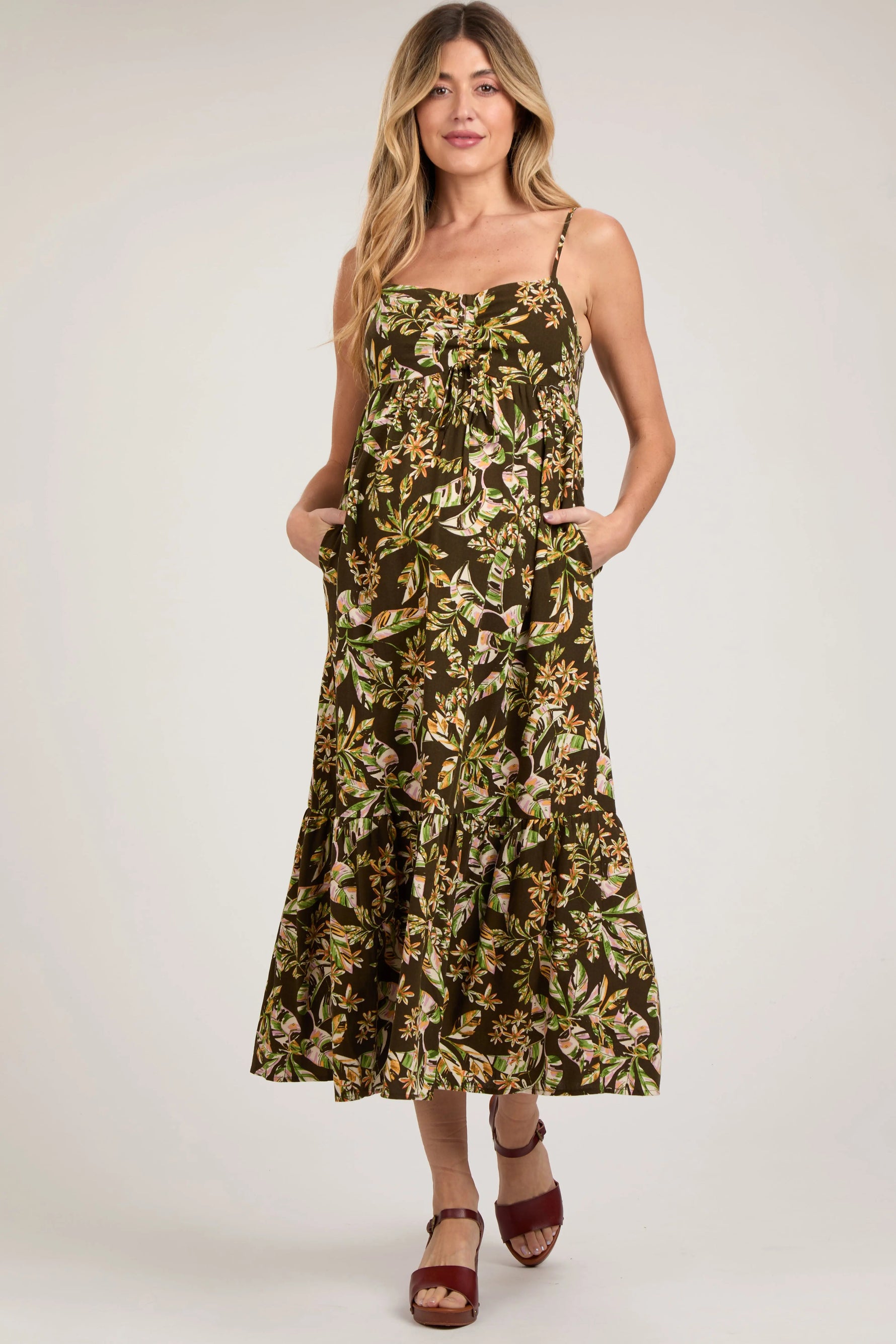 PinkBlush Brown Floral Sleeveless Front Cinched Maternity Midi Dress - 