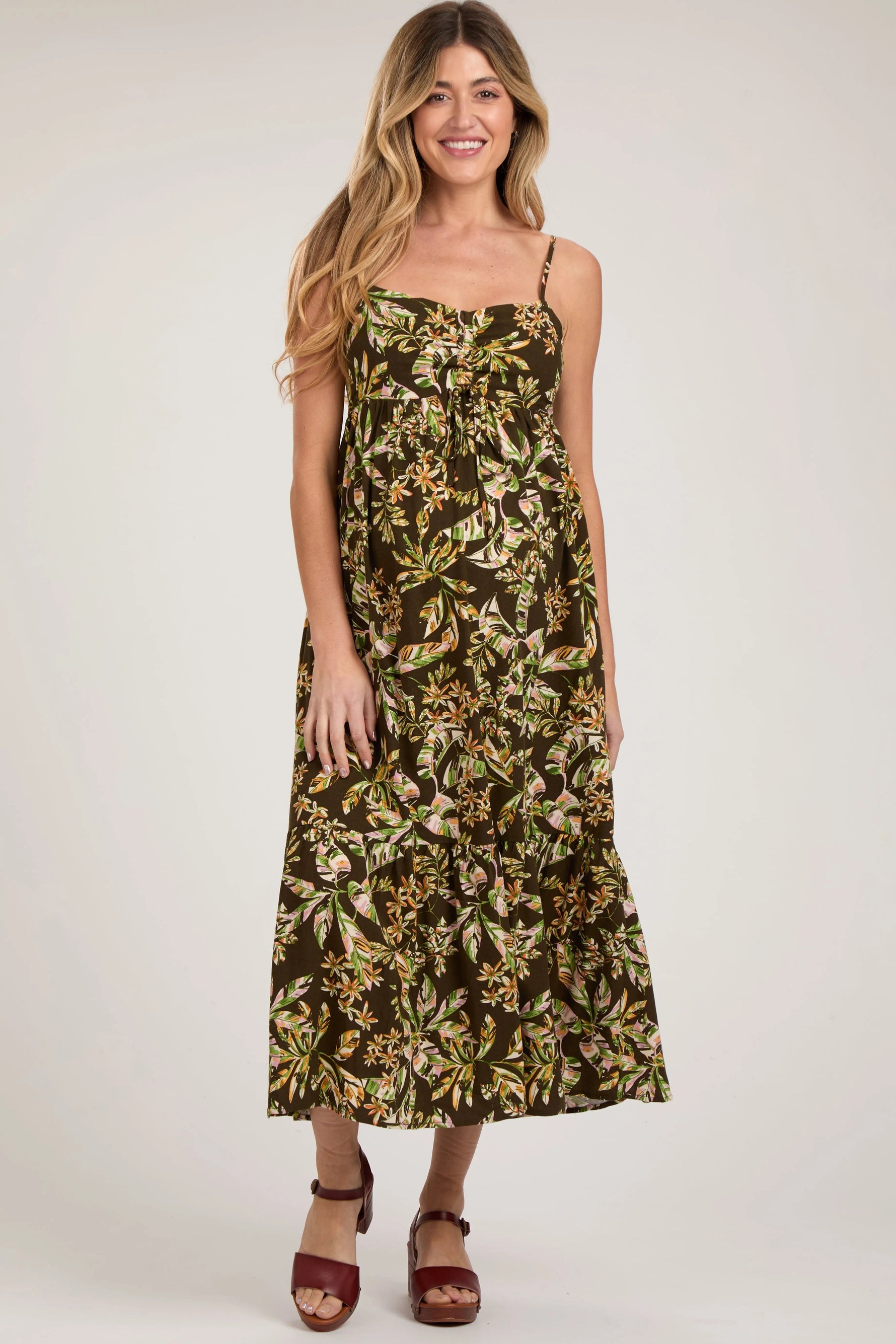 Brown Floral Sleeveless Front Cinched Maternity Midi Dress - Day Dress, Dress, One-piece garment, Cocktail dress, Vintage clothing | Everetts Place