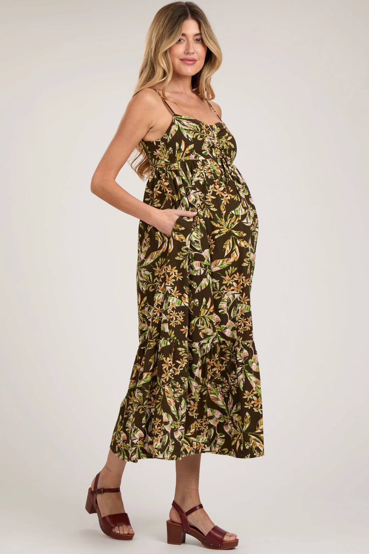 PinkBlush Brown Floral Sleeveless Front Cinched Maternity Midi Dress - 
