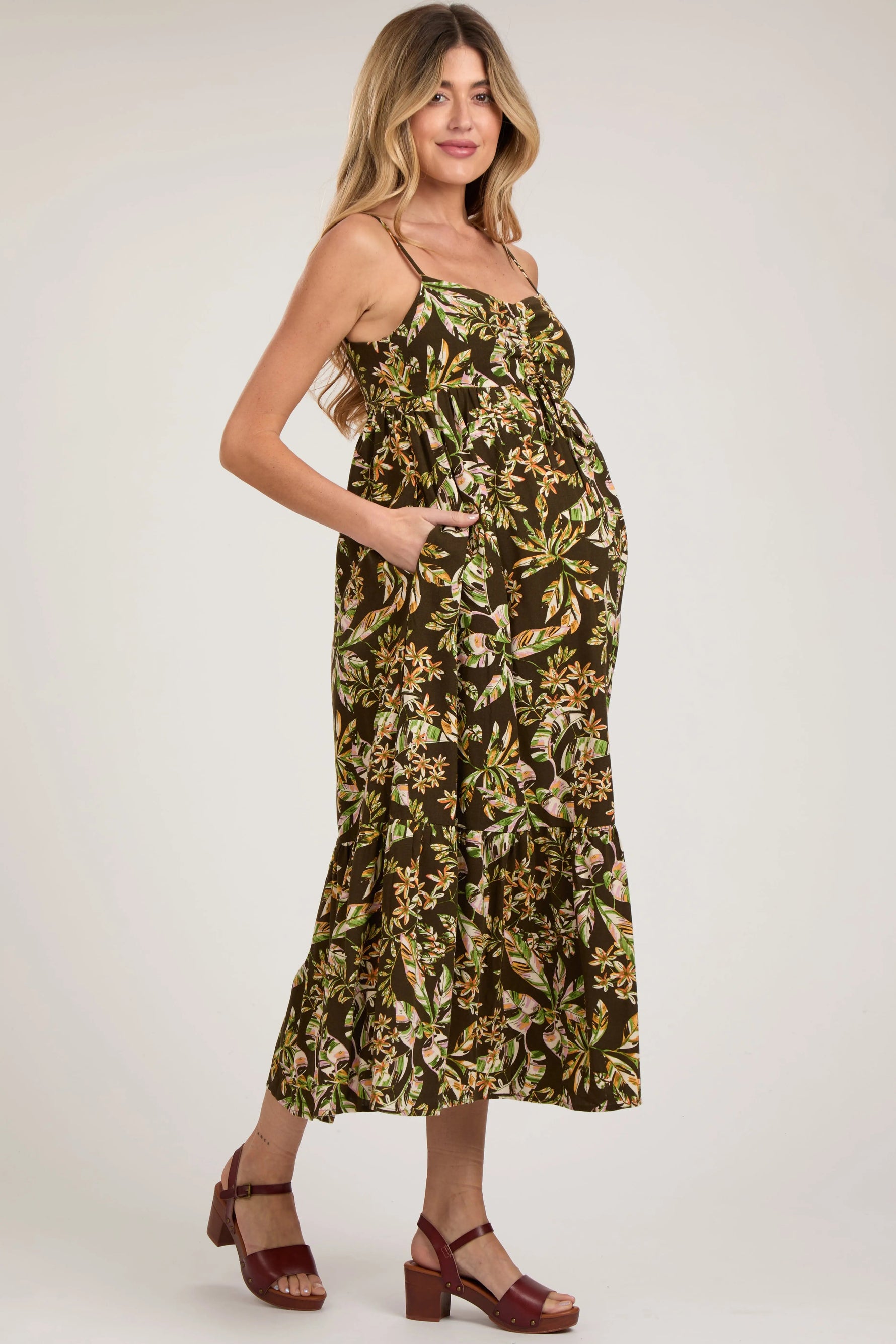 PinkBlush Brown Floral Sleeveless Front Cinched Maternity Midi Dress - 