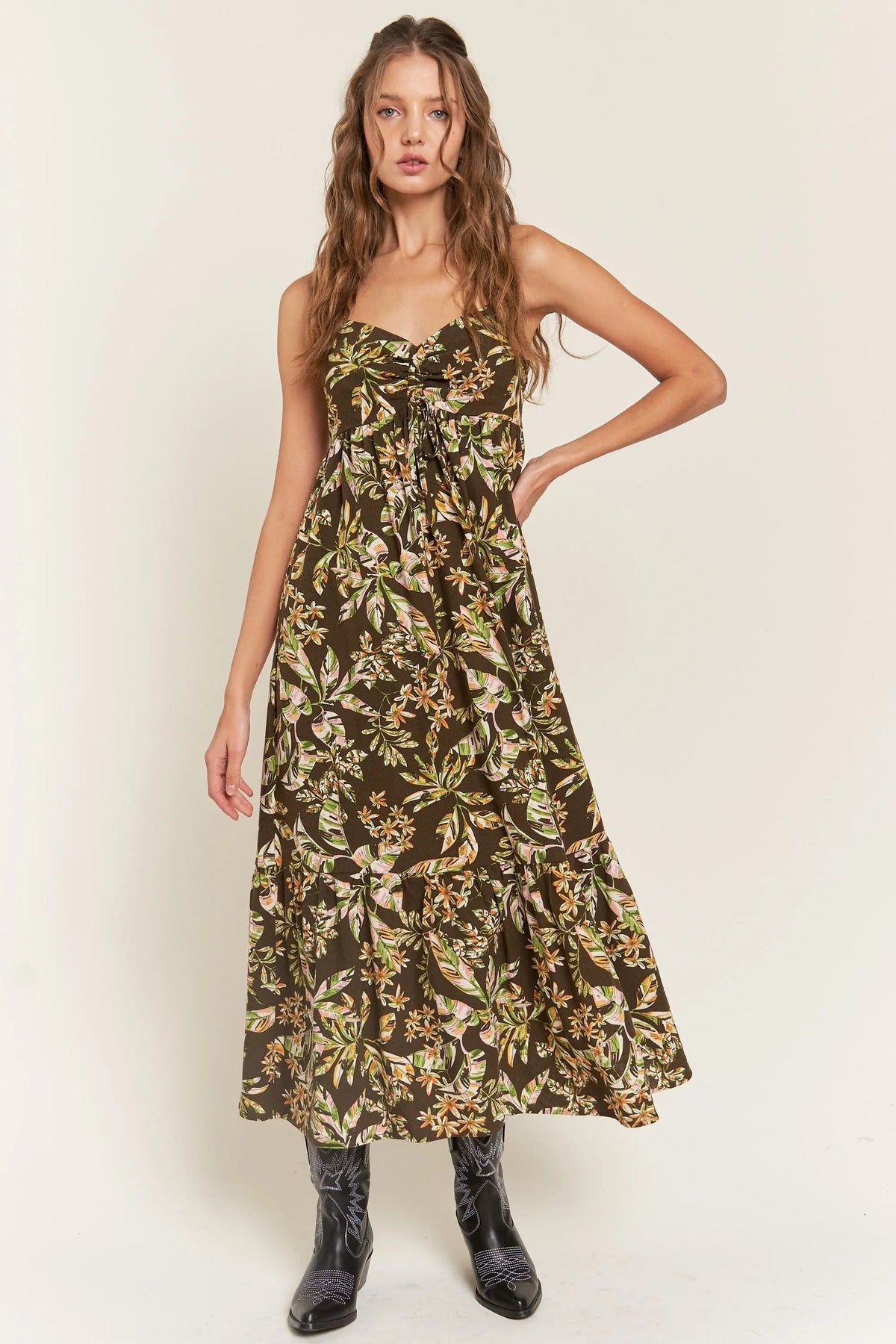 PinkBlush Brown Floral Sleeveless Front Cinched Maternity Midi Dress - 