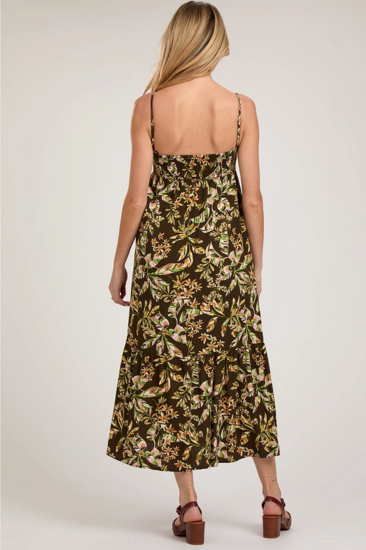 PinkBlush Brown Floral Sleeveless Front Cinched Maternity Midi Dress - 