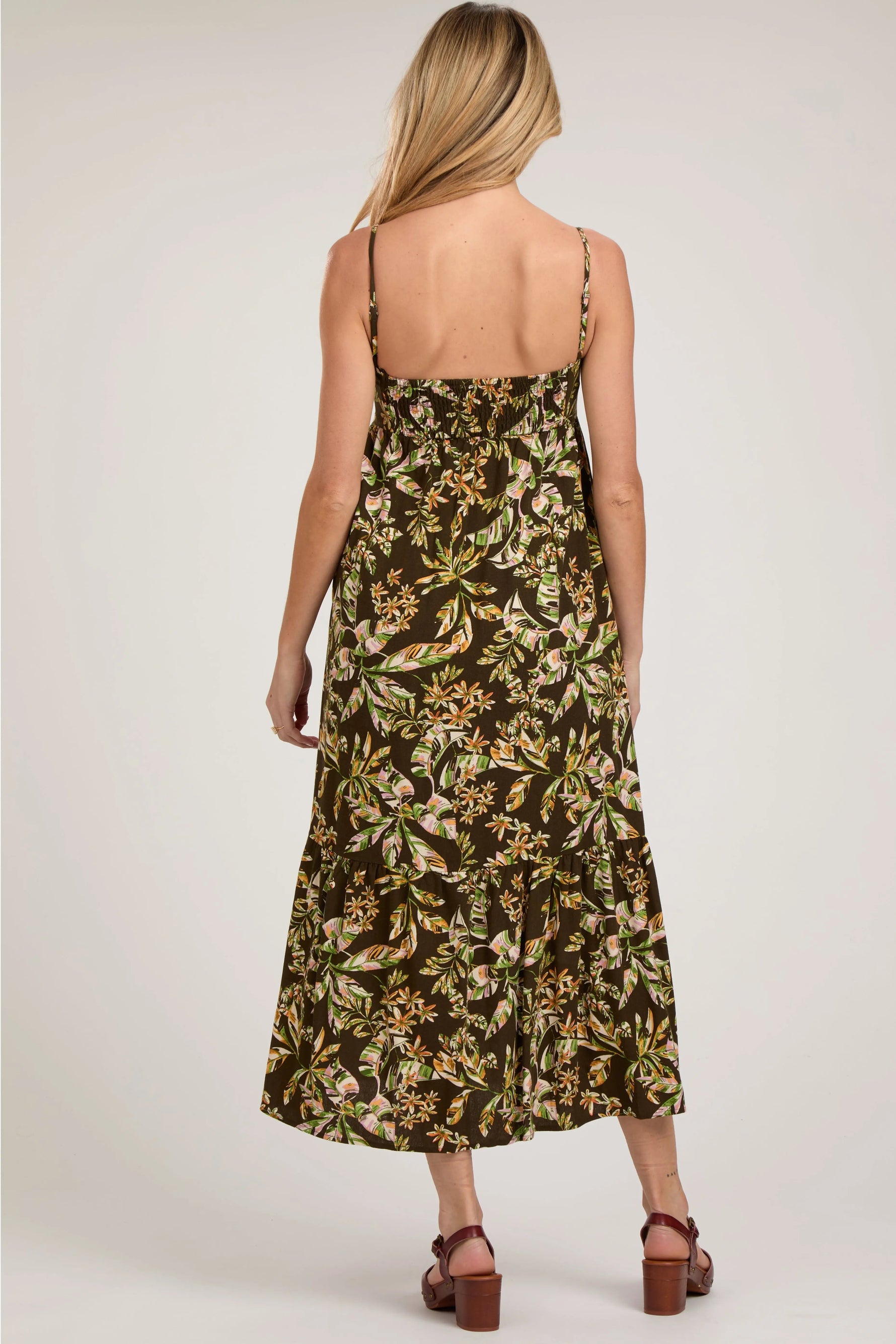 PinkBlush Brown Floral Sleeveless Front Cinched Maternity Midi Dress - 