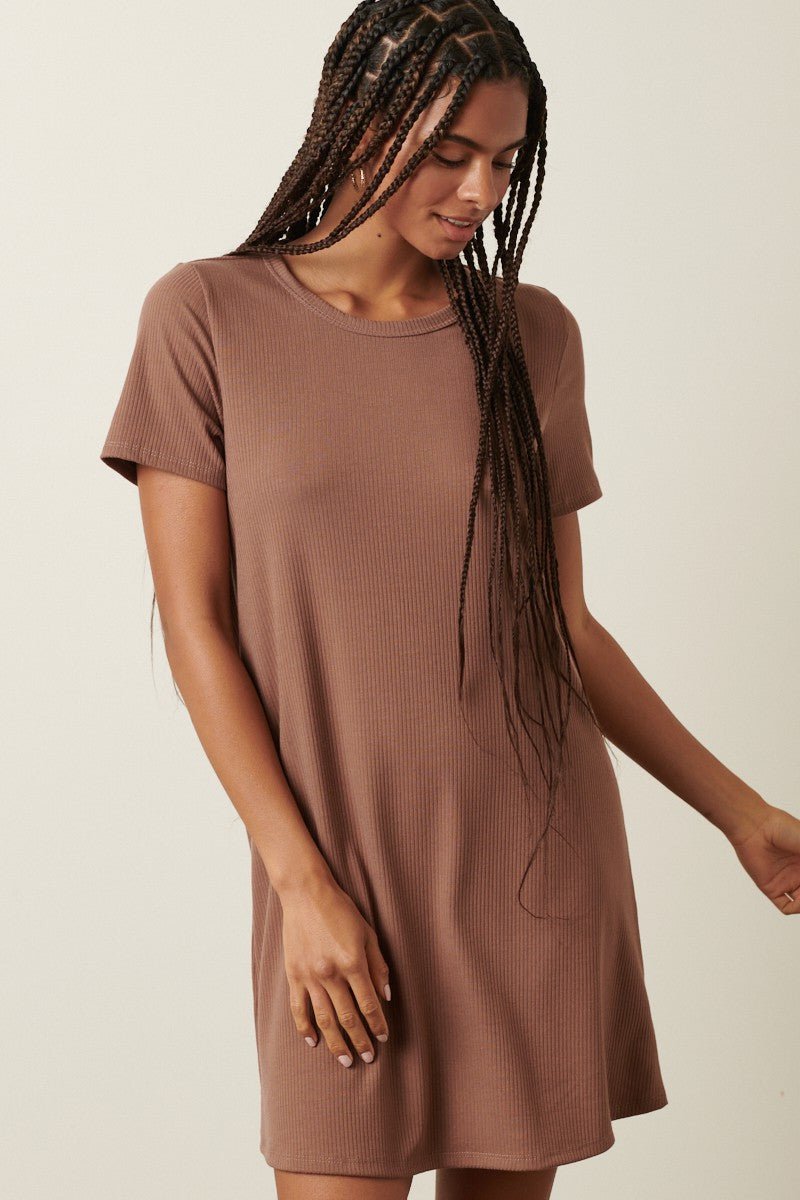 PinkBlush Brown Ribbed Knit Basic Short Sleeve T-Shirt DressEveretts Place