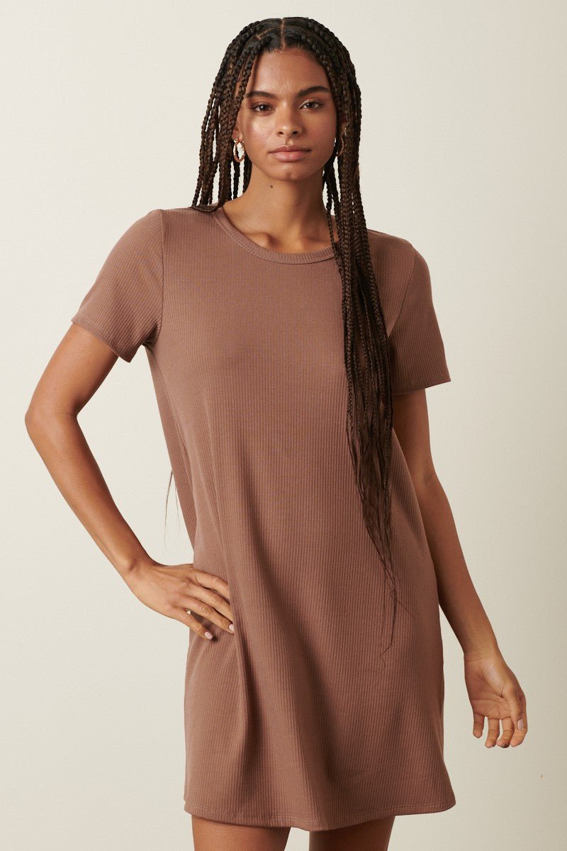 PinkBlush Brown Ribbed Knit Basic Short Sleeve T-Shirt DressEveretts Place